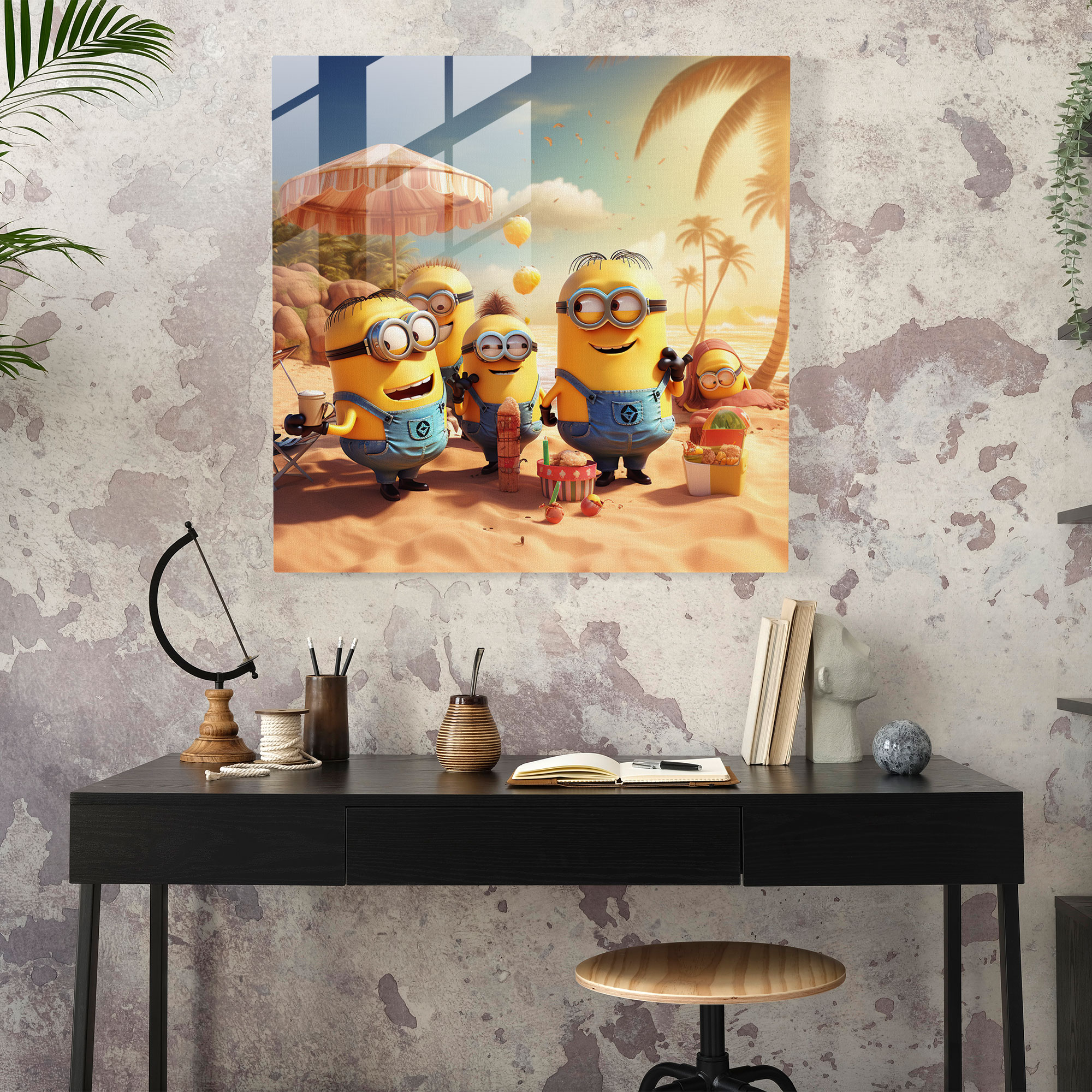 Minions Glass Print - Beach Fun - Minions, Glass Wall Art, Beach Fun, Glass Print