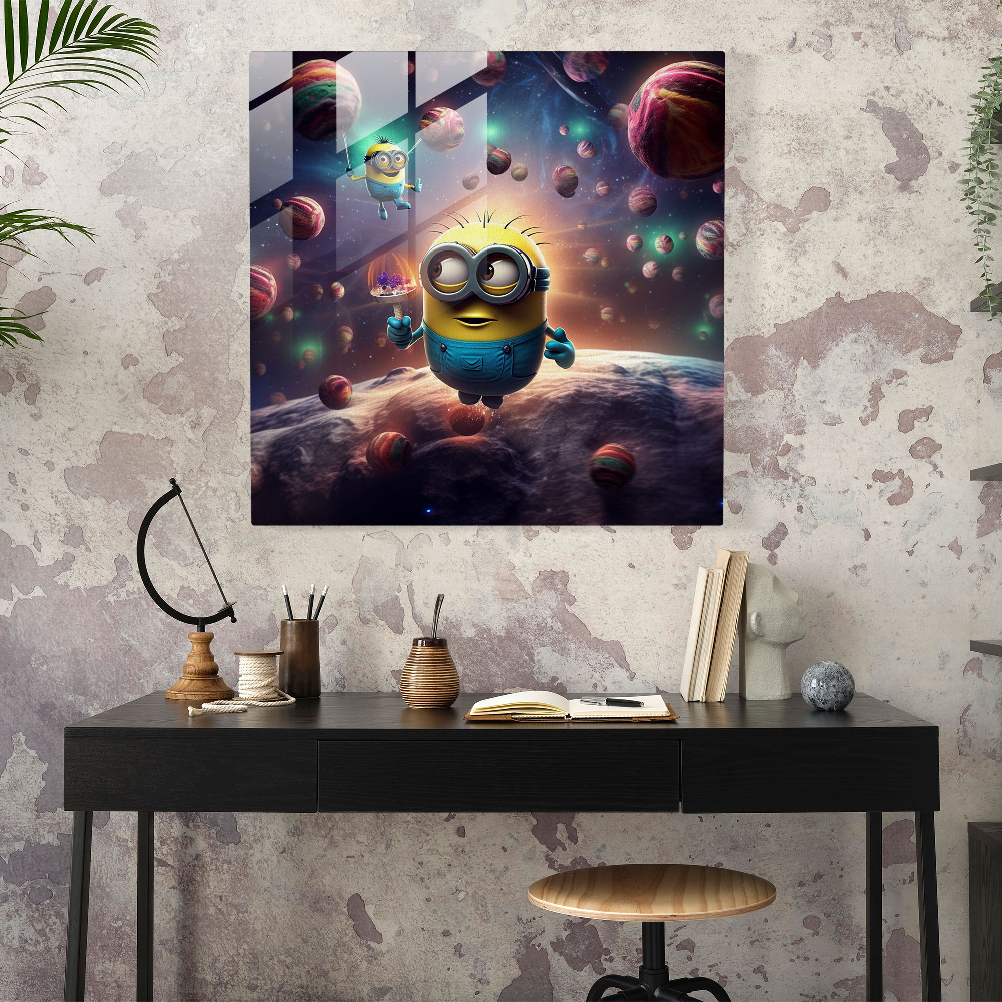 Minions Glass Print - Cosmic Adventure - Minions, Wall Decoration, Vibrant Colors, Cosmic Adventure