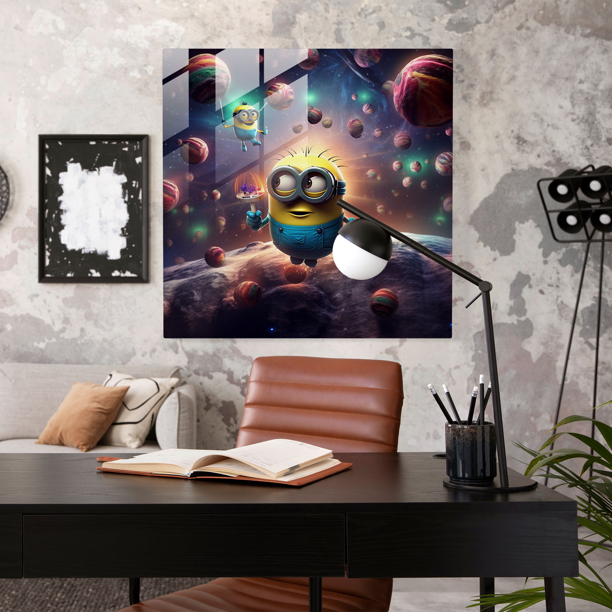Minions Glass Print - Cosmic Adventure - Minions, Wall Decoration, Vibrant Colors, Cosmic Adventure