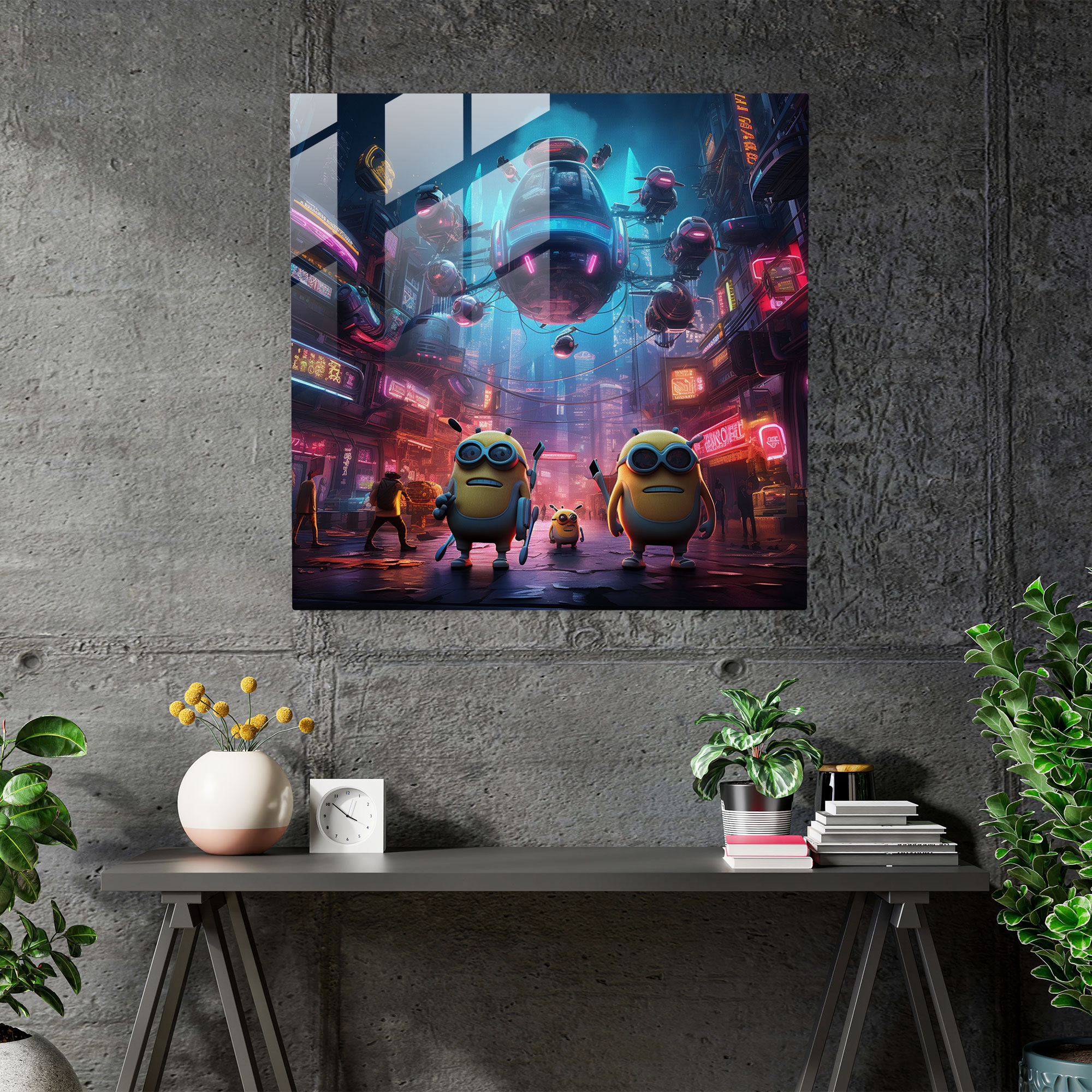 Minions Cam Tablo - Neon Gelecekçilik - Canlı Renkler Neon Gelecekçilik