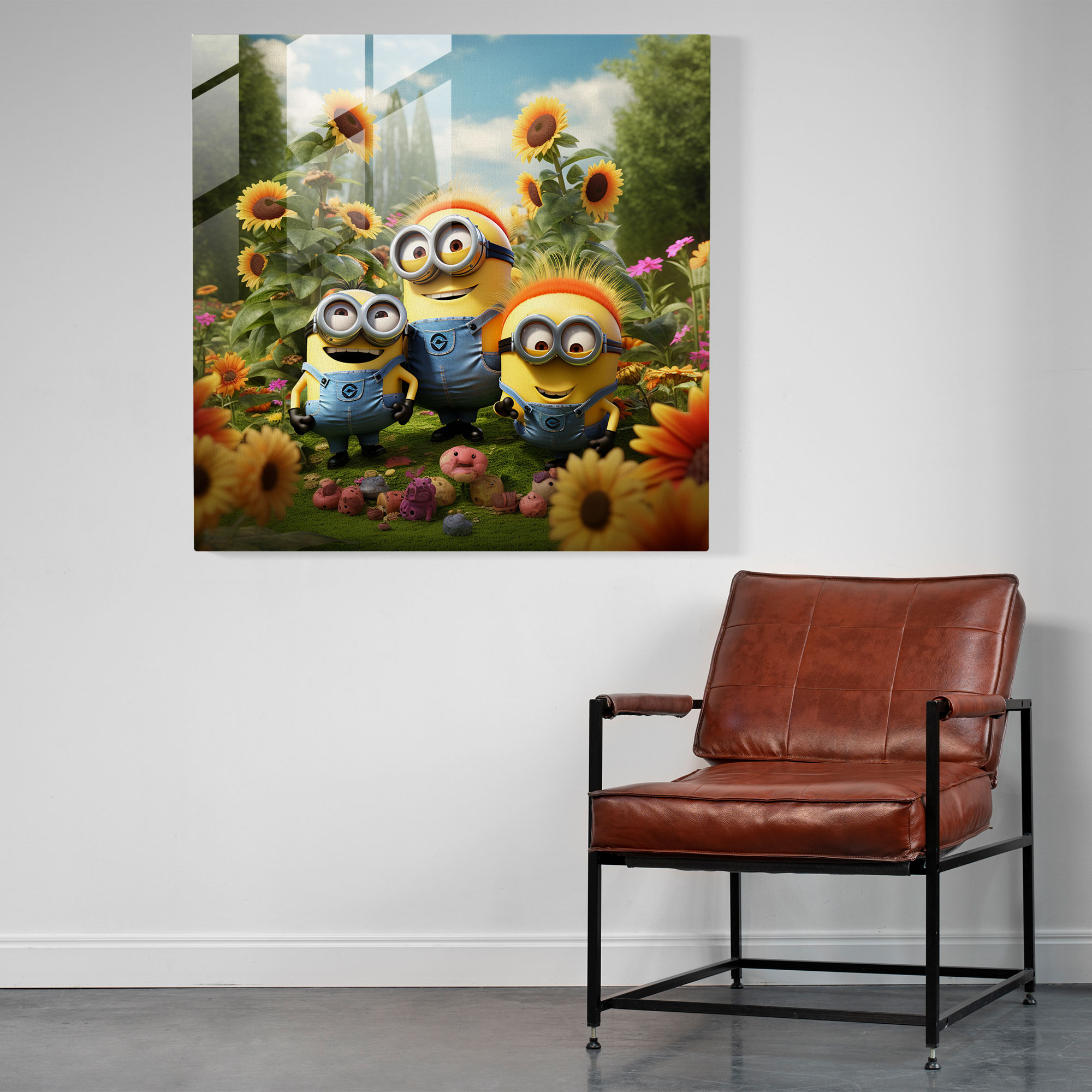Minions Glass Print - Floral Paradise - Minions, Home Decoration, Wall Decoration, Minions