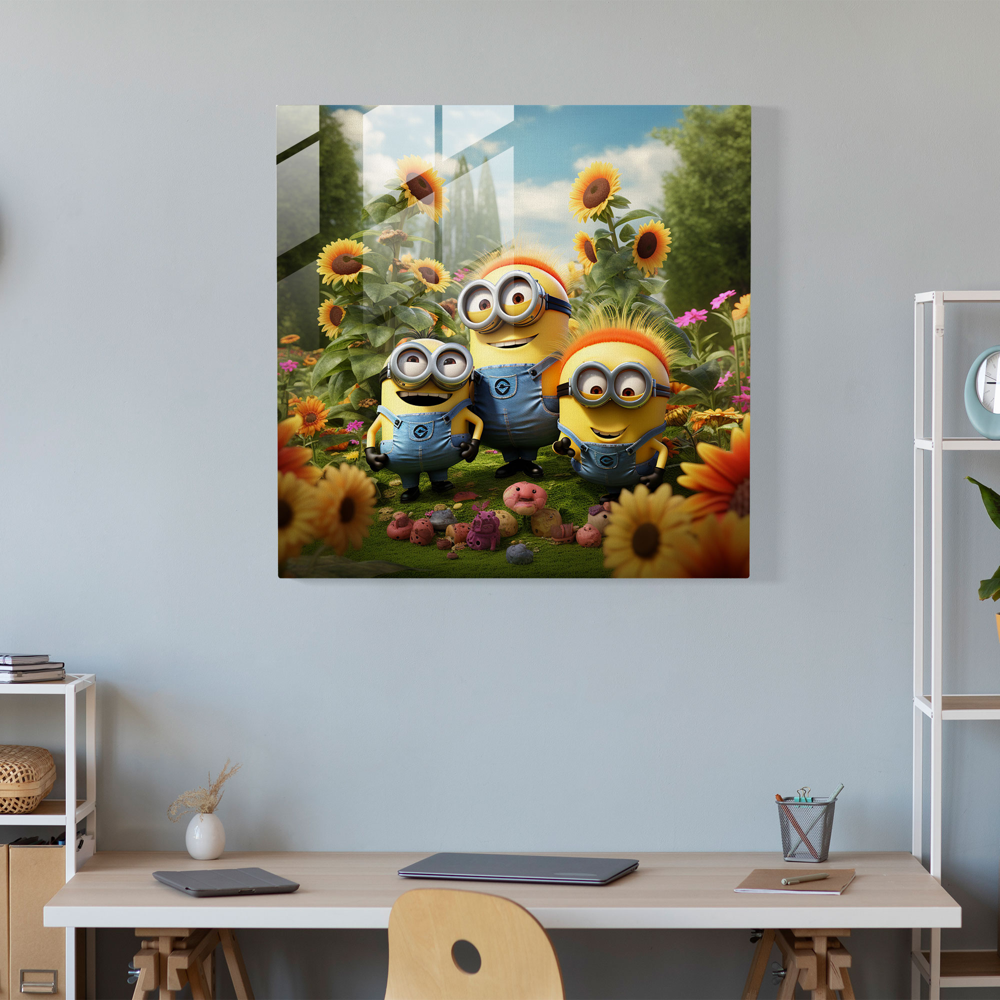 Minions Glass Print - Floral Paradise - Minions, Home Decoration, Wall Decoration, Minions