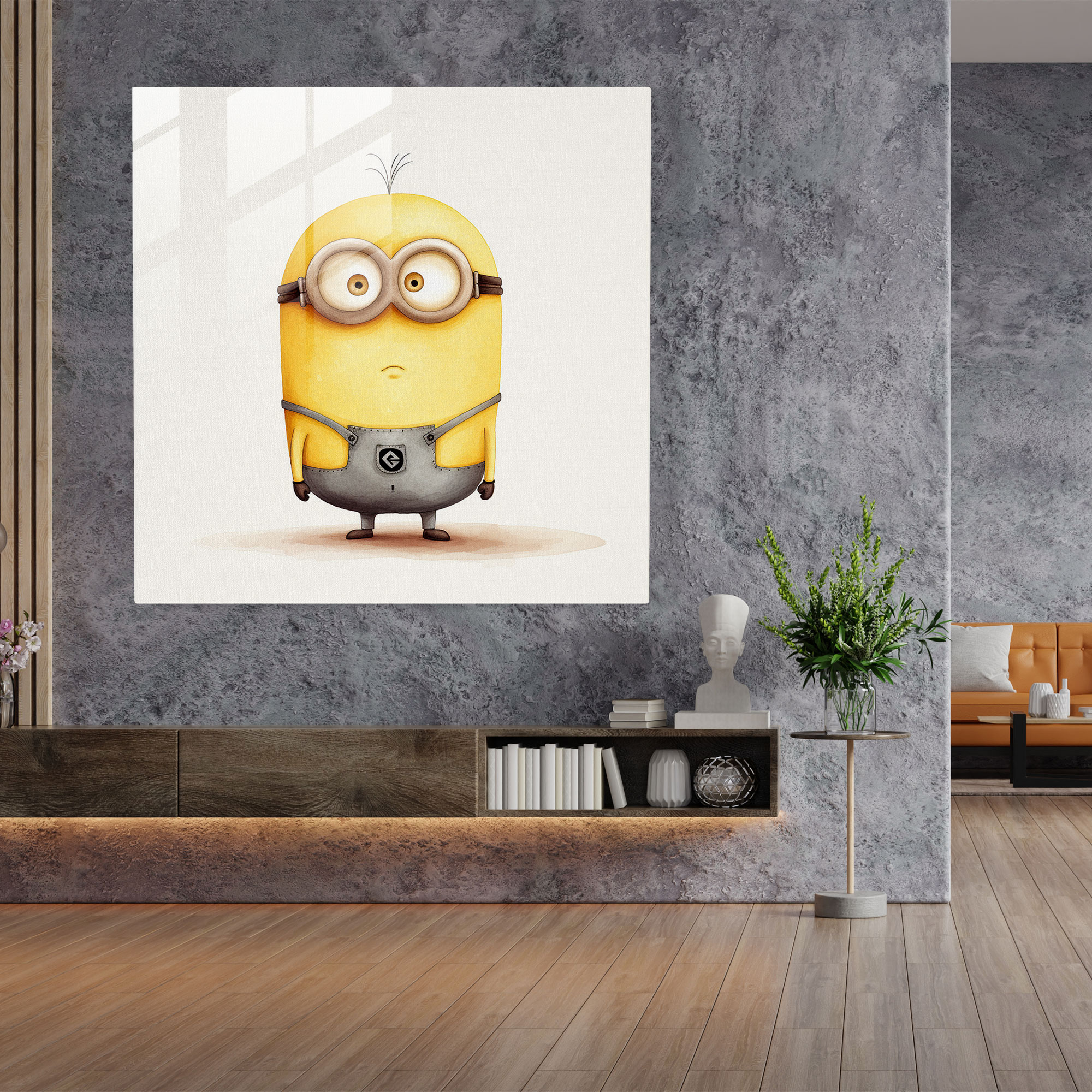 Minions Minimalist Cam Tablosu - Beyaz Arka Planlı Minions Duvar Sanatı