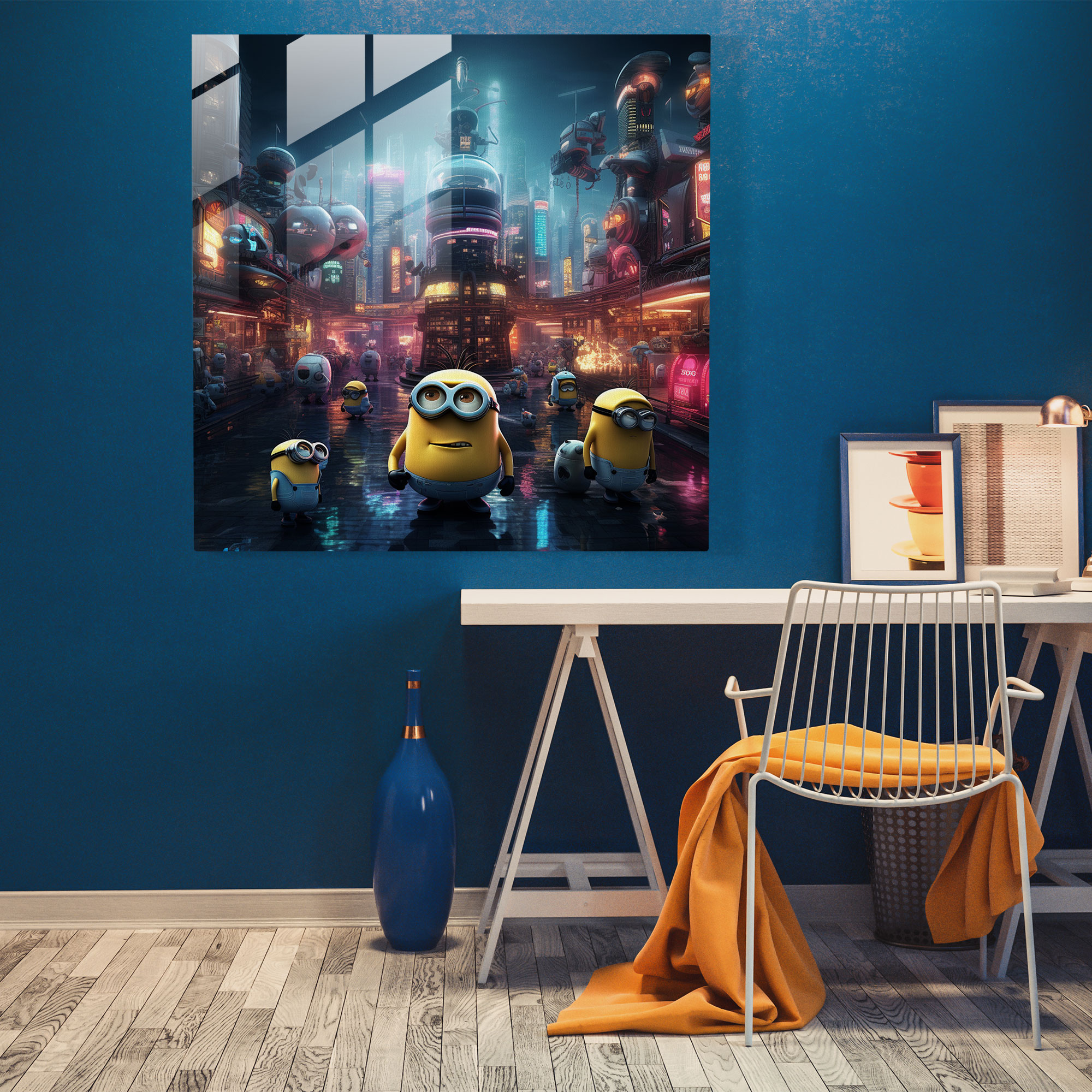Minions Gelecekçi Dijital Cam Tablo - Minions Gelecek Şehir Manzarası Gelecekçi Dijital Sanat Modern Sanat