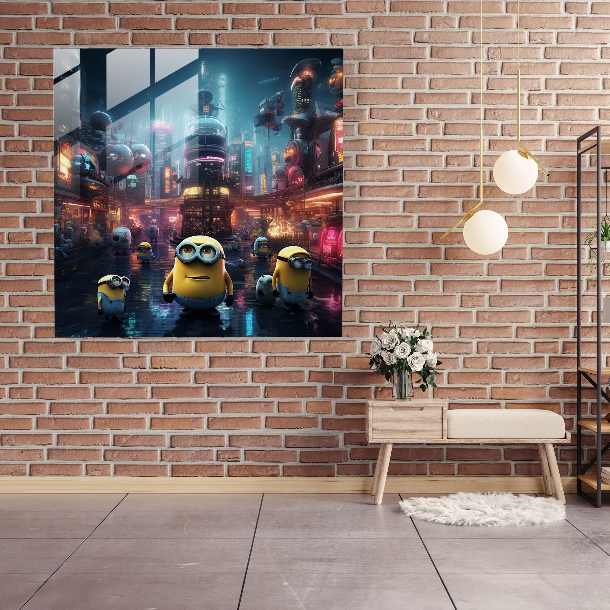 Minions Gelecekçi Dijital Cam Tablo - Minions Gelecek Şehir Manzarası Gelecekçi Dijital Sanat Modern Sanat