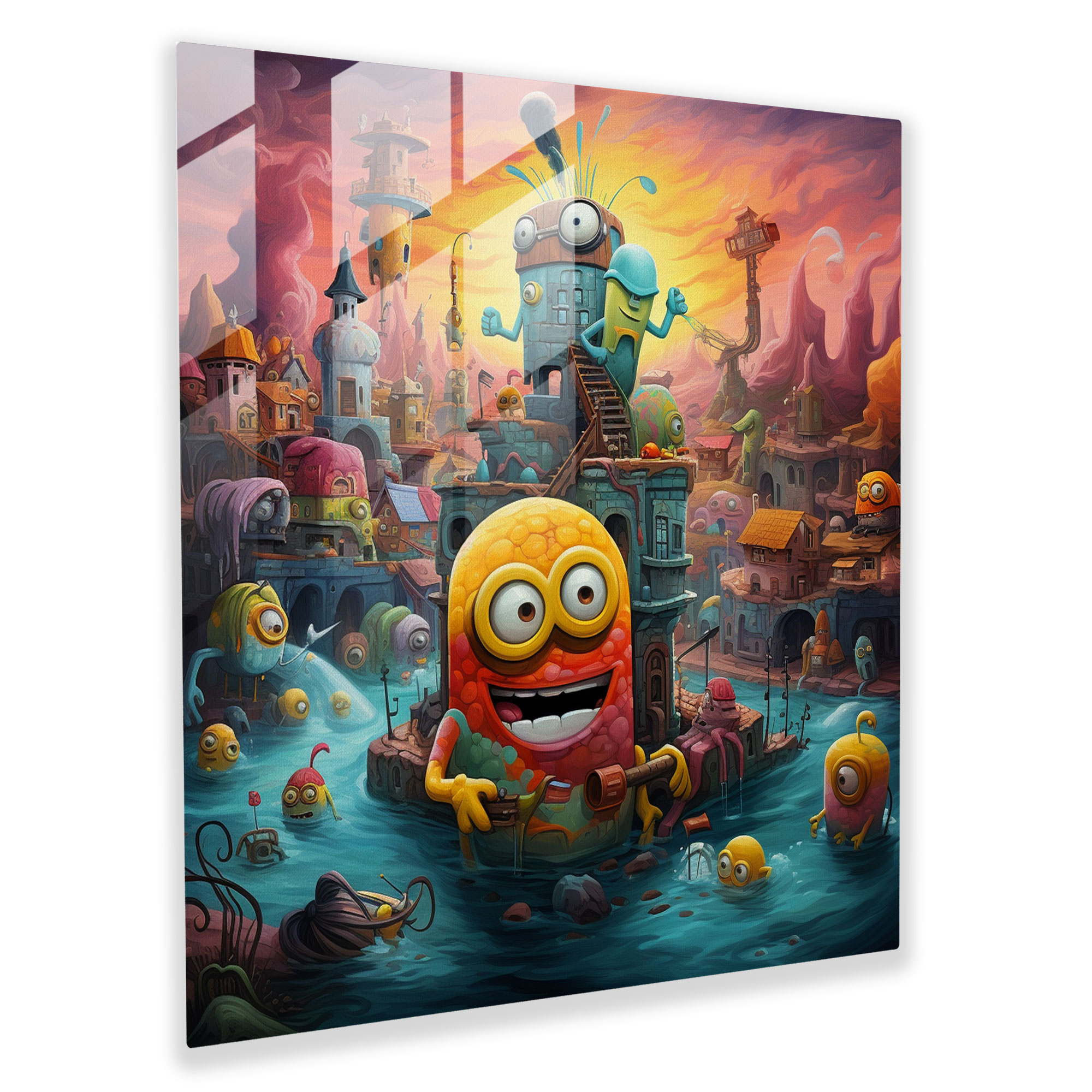 Minions'ın Gerçeküstü Manzara Cam Tablosu - Minions Ev Dekorasyonu Cam Duvar Sanatı Modern Sanat