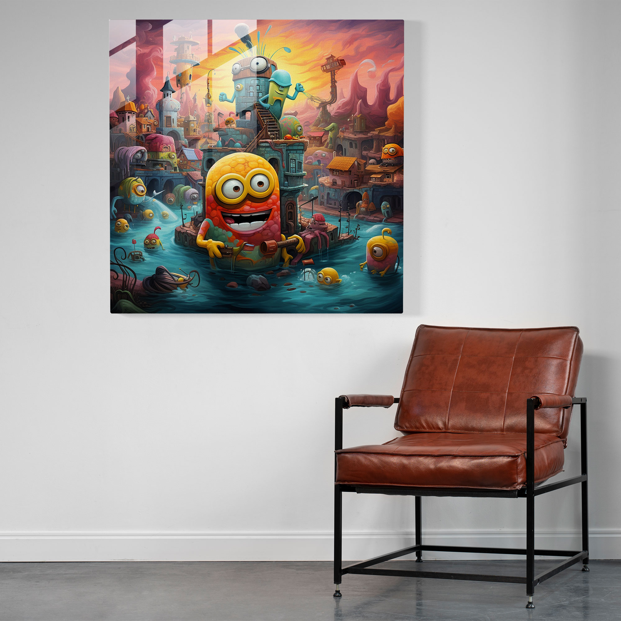 Minions'ın Gerçeküstü Manzara Cam Tablosu - Minions Ev Dekorasyonu Cam Duvar Sanatı Modern Sanat