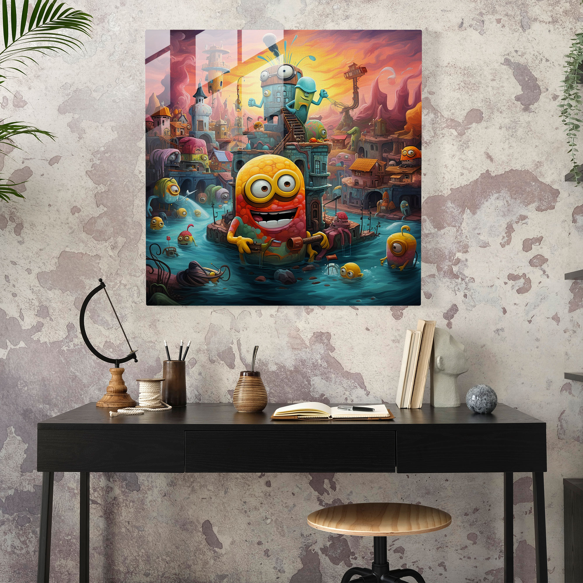 Minions'ın Gerçeküstü Manzara Cam Tablosu - Minions Ev Dekorasyonu Cam Duvar Sanatı Modern Sanat