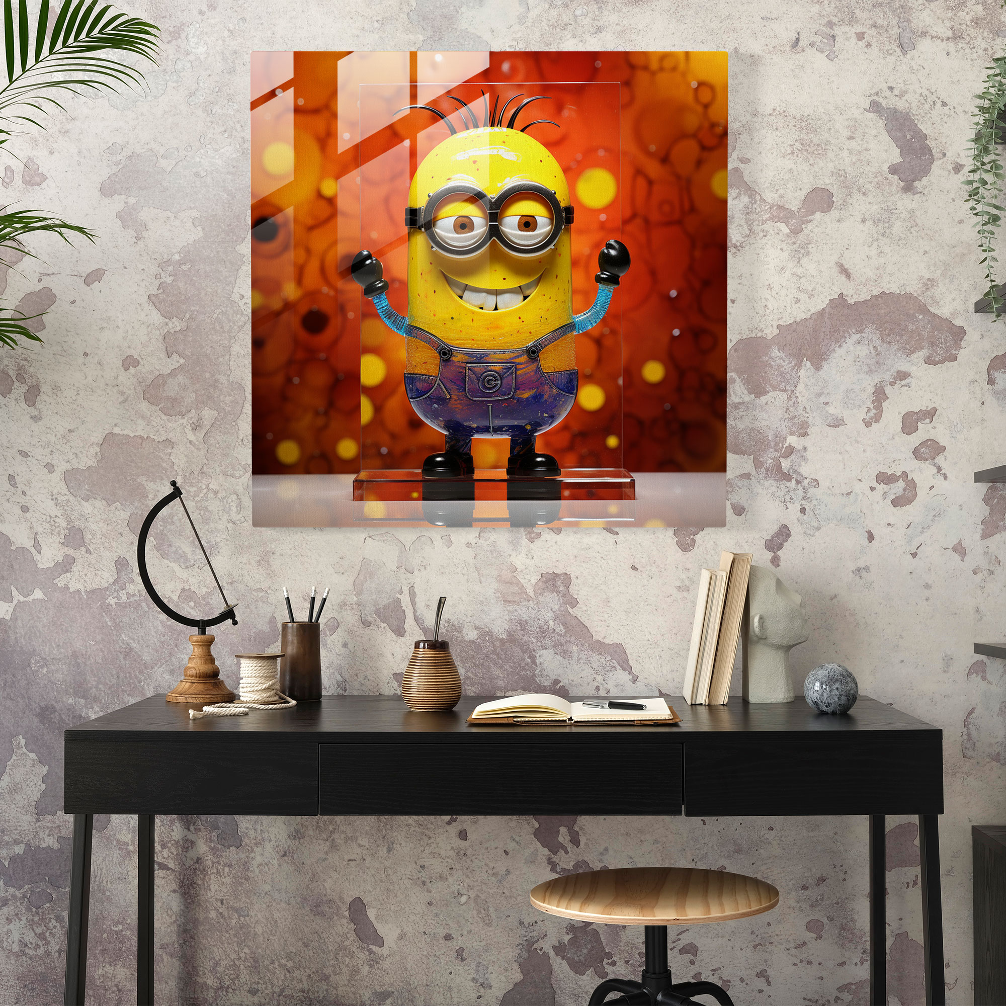 Minions Soyut Cam Tablo - Minions Cam Tablo Cam Duvar Sanatı