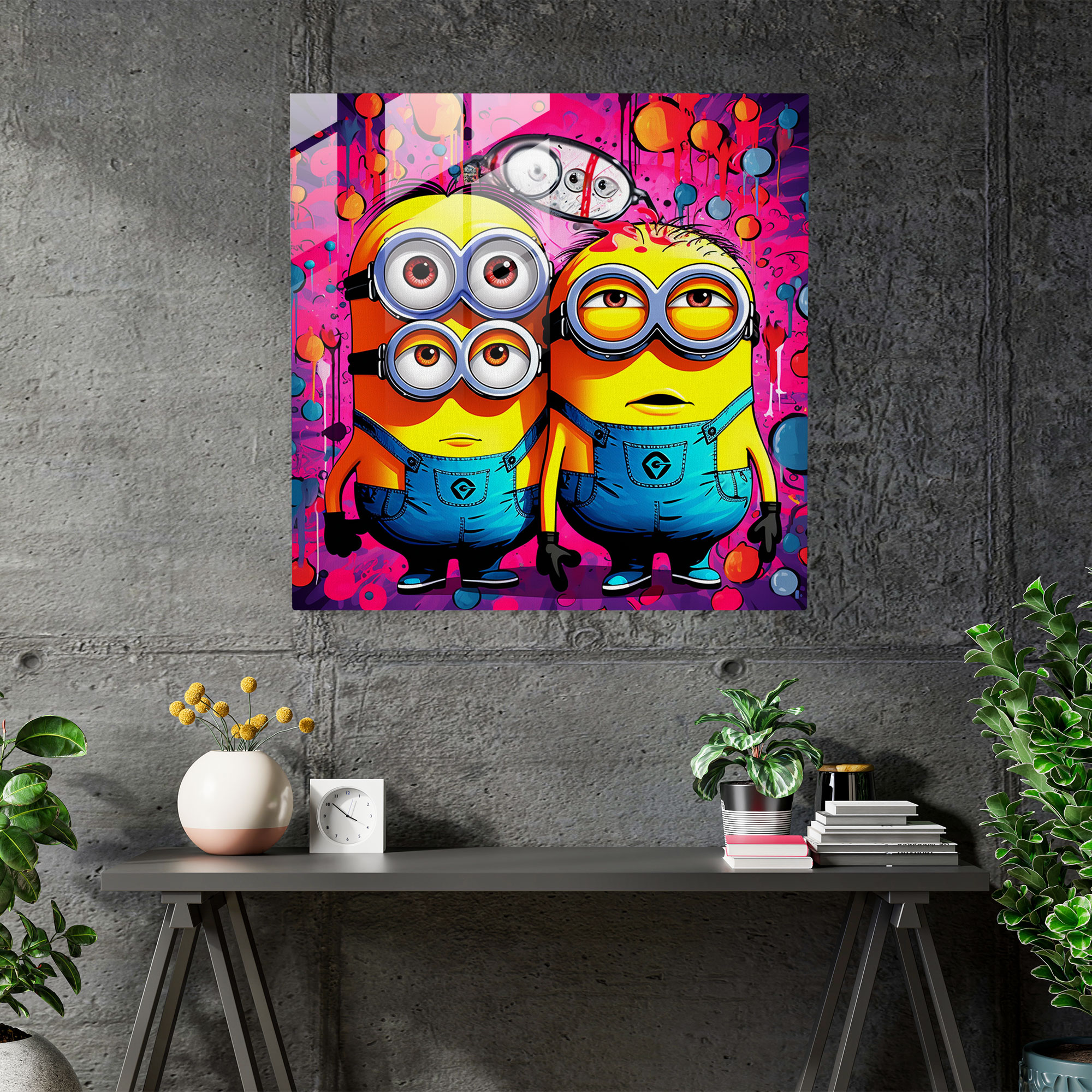 Pop Art Minions Cam Tablo - Minions İllüstrasyon Modern Sanat