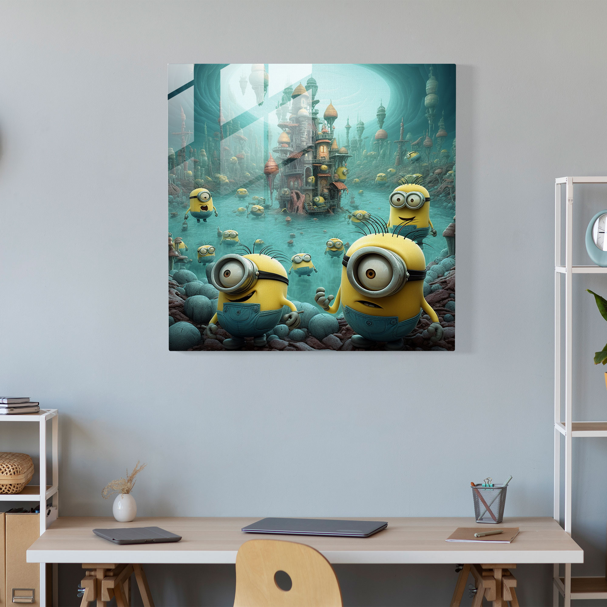 Sürreal Minions Cam Tablo Sanatı - Minions Duvar Dekorasyonu Soyut Tasarım Rüya Gibi