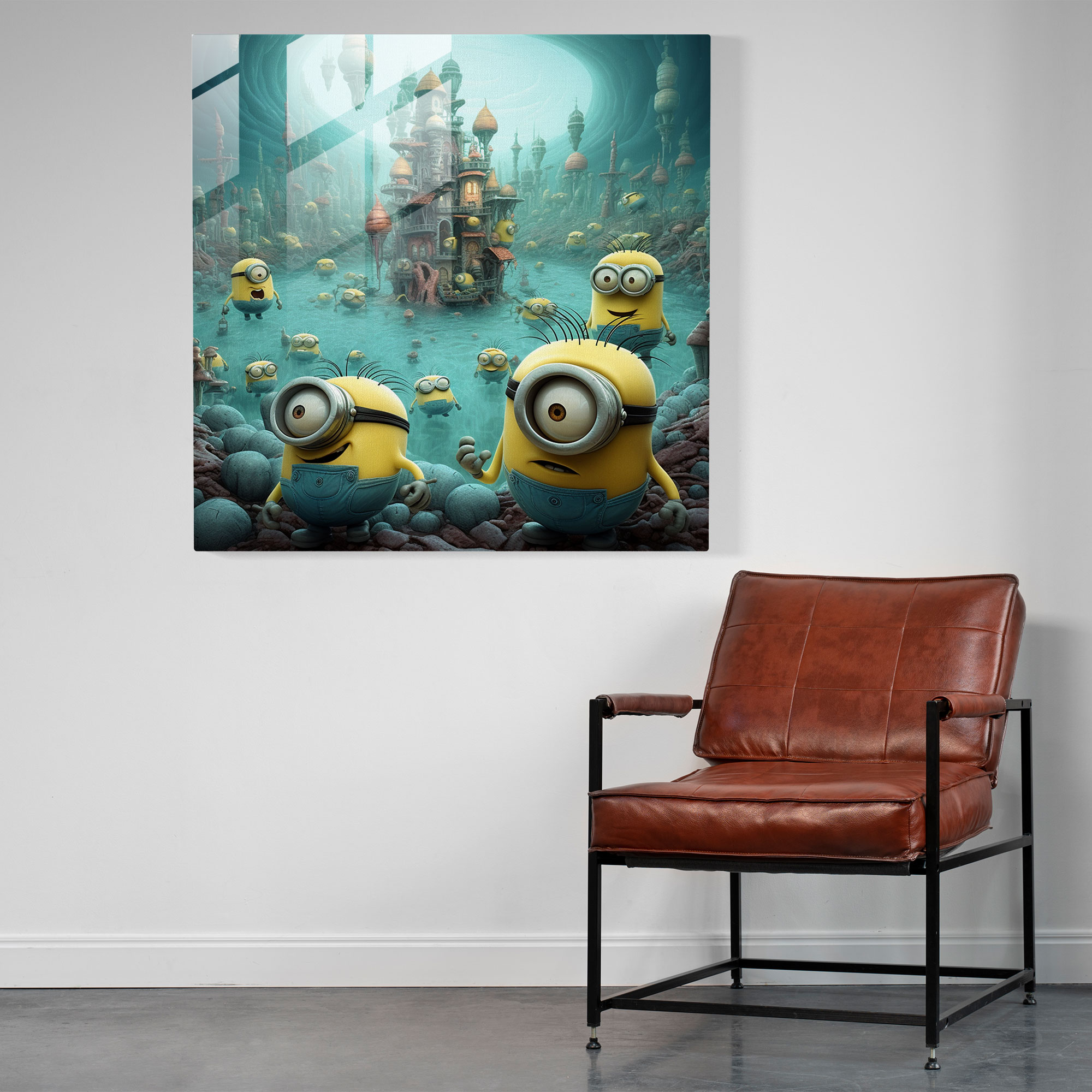 Sürreal Minions Cam Tablo Sanatı - Minions Duvar Dekorasyonu Soyut Tasarım Rüya Gibi