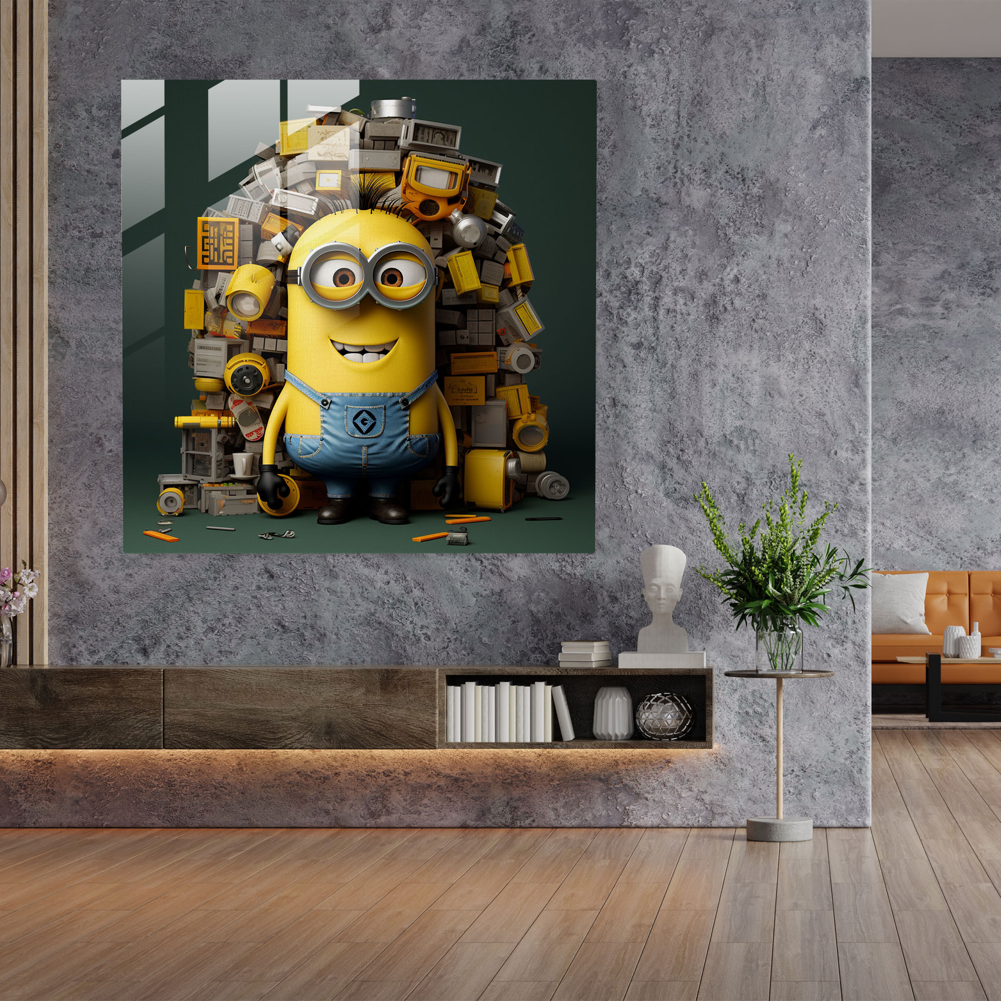 Minions Tipografi Cam Tablo - Minions Cam Sanatı Duvar Dekorasyonu