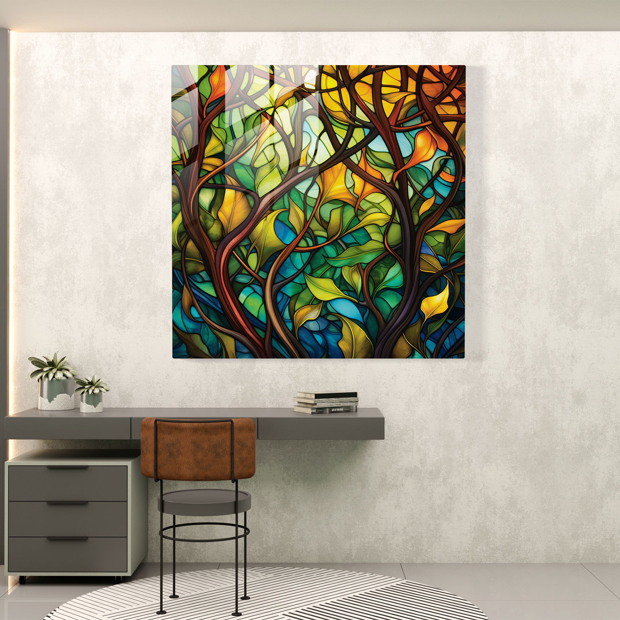 Stained Glass Moss Glass Print - Moss, Modern Art, Wall Decoration, Stained Glass-Inspired