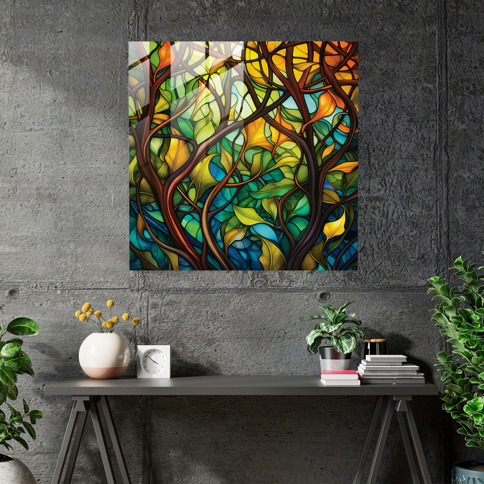Stained Glass Moss Glass Print - Moss, Modern Art, Wall Decoration, Stained Glass-Inspired