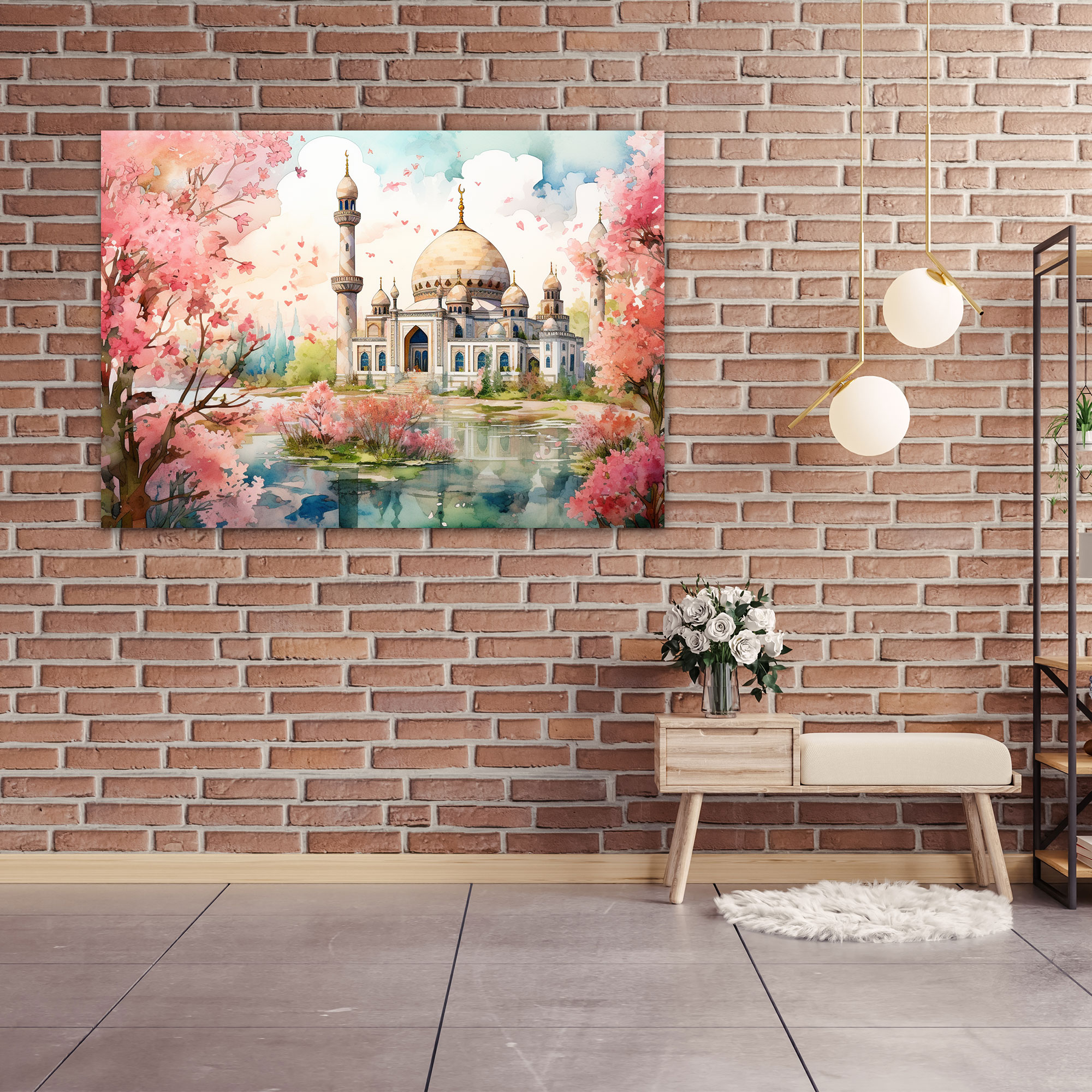 Watercolor Mosque Canvas Print - Mosque, Canvas Wall Art, Wall Decoration, Lush Greenery