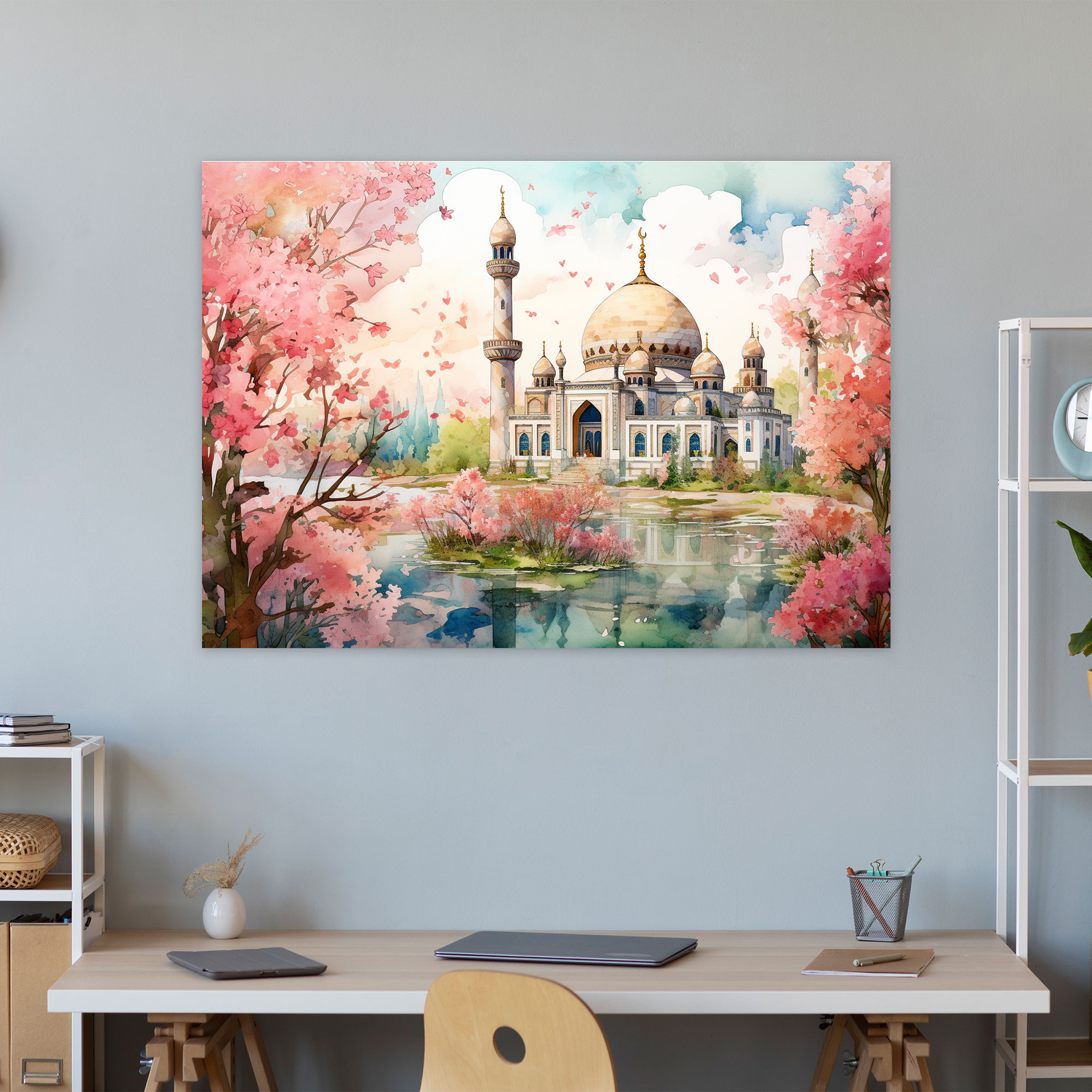 Watercolor Mosque Canvas Print - Mosque, Canvas Wall Art, Wall Decoration, Lush Greenery