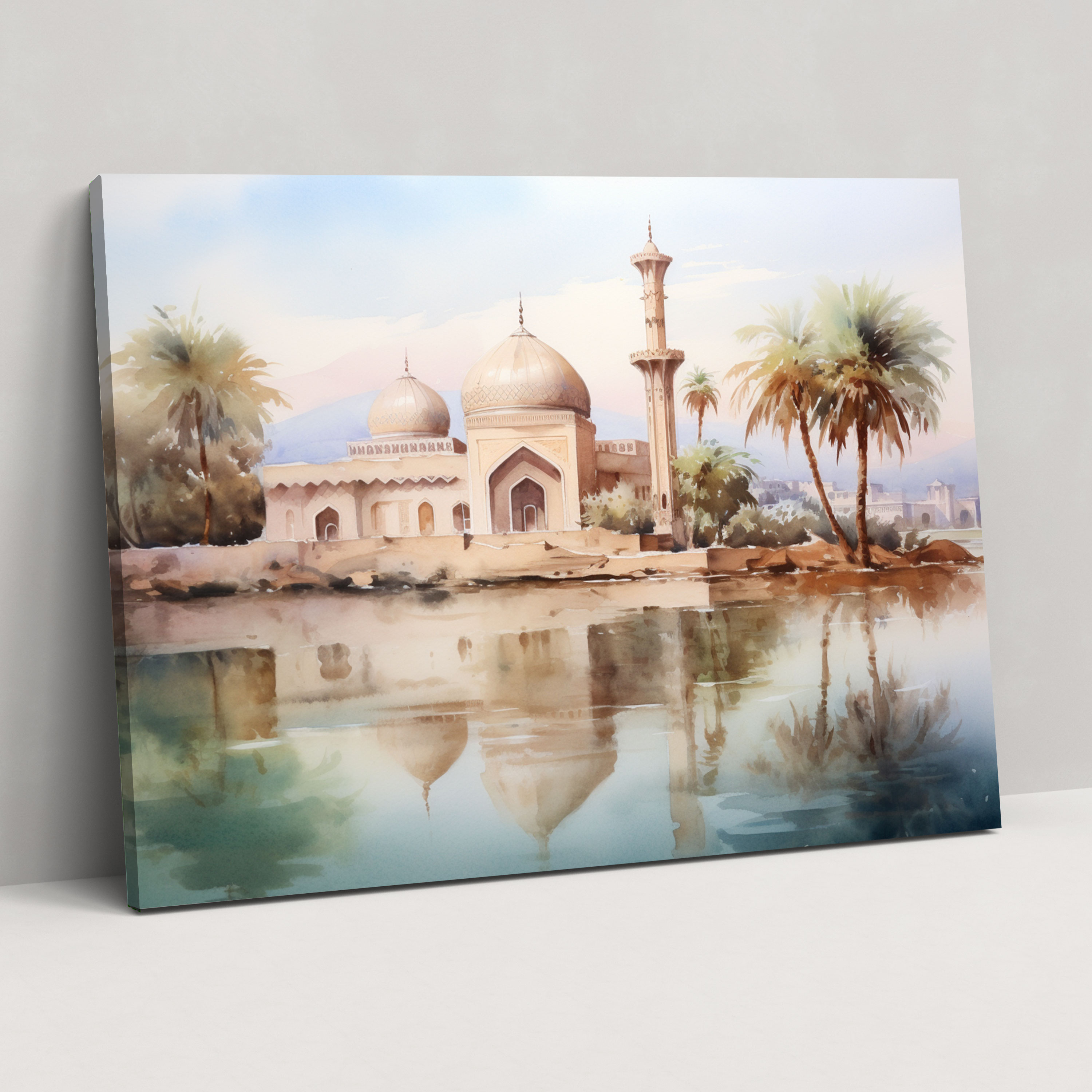 Mosque Wall Decoration - Serene Watercolor Canvas Print - Mosque, Tranquility, Watercolor Painting, Canvas Wall Art