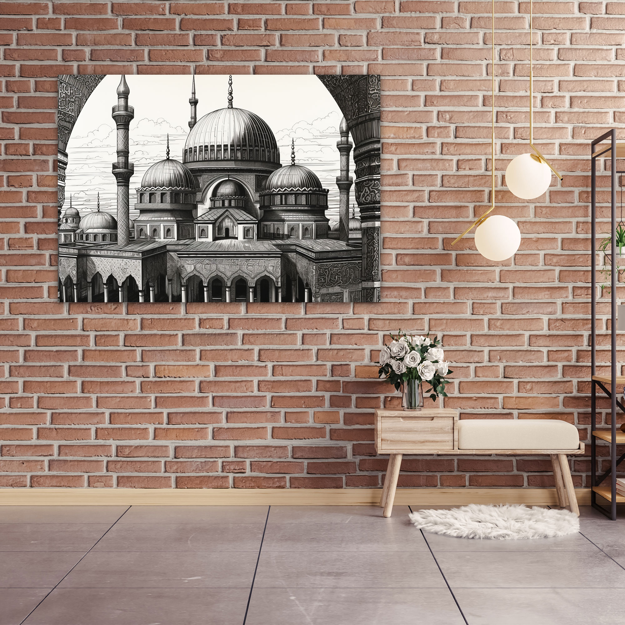 Mimari Cami Duvar Sanatı - Kanvas Tablo Mimarlık Çizimi Cami
