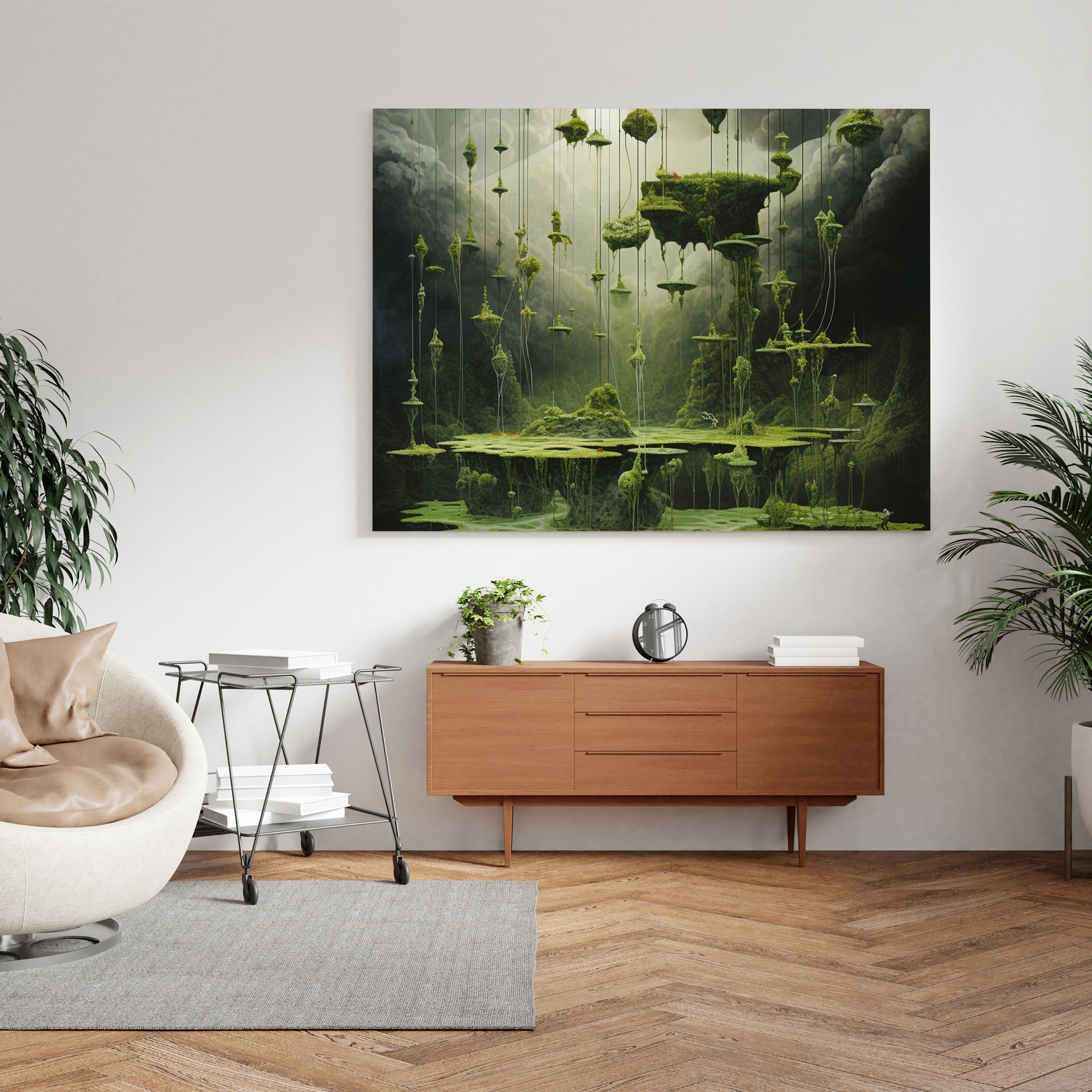 Moss Wall Art - Surrealist Landscape Canvas Print - Moss, Floating Objects, Surrealist Painting, Canvas