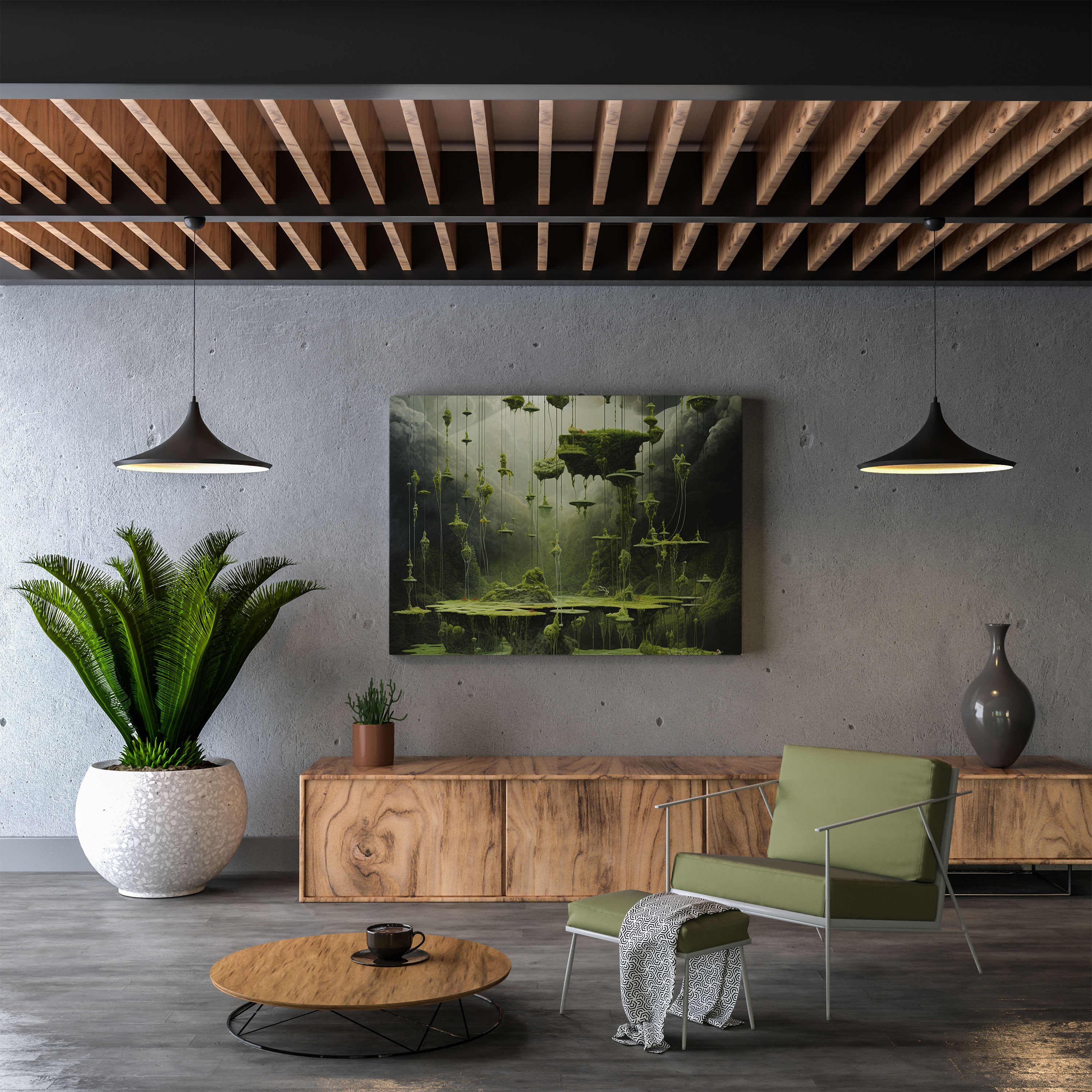 Moss Wall Art - Surrealist Landscape Canvas Print - Moss, Floating Objects, Surrealist Painting, Canvas