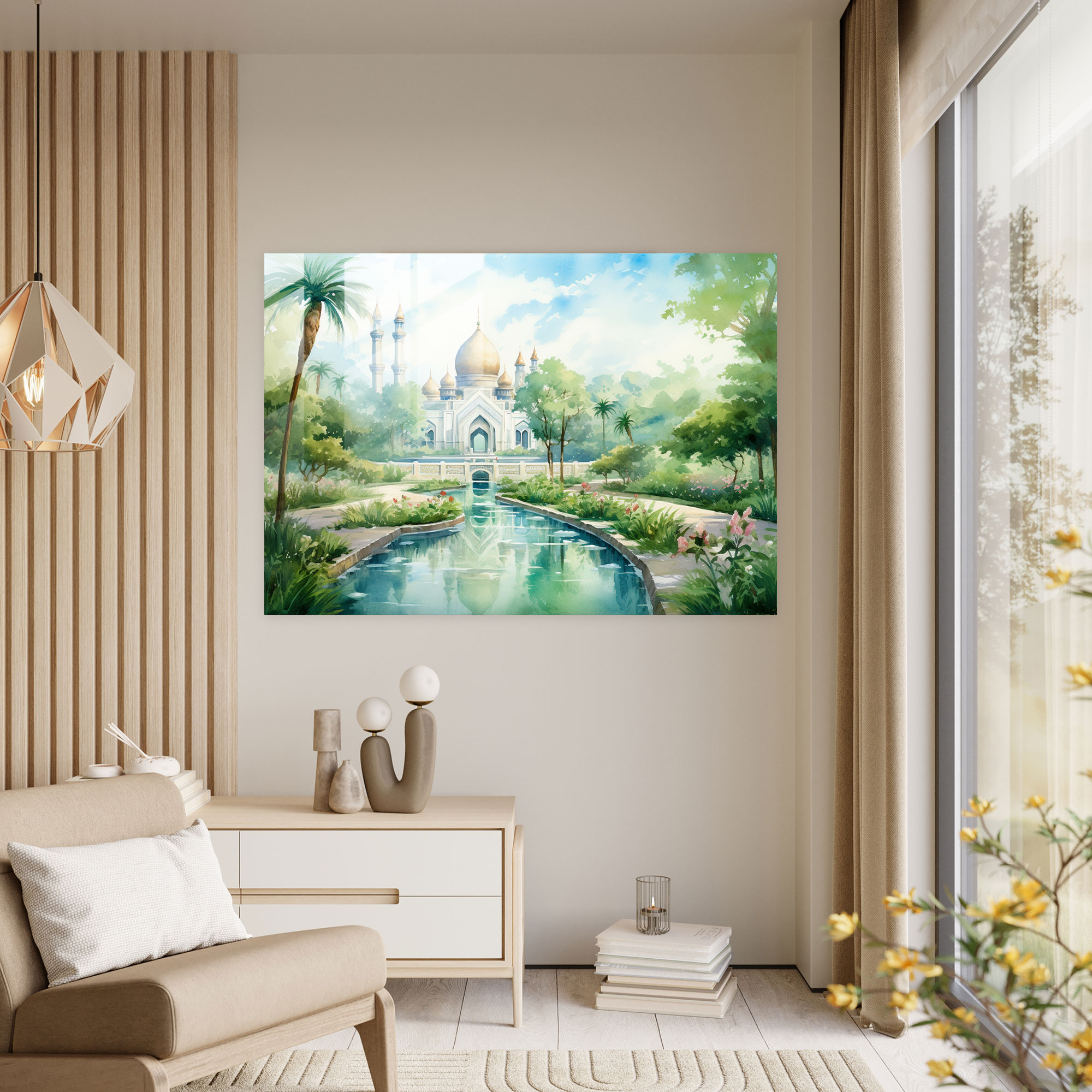 Sakin Cami Manzaralı Sulu Boya Cam Tablo - Cami Cam Tablo Cam Sanat