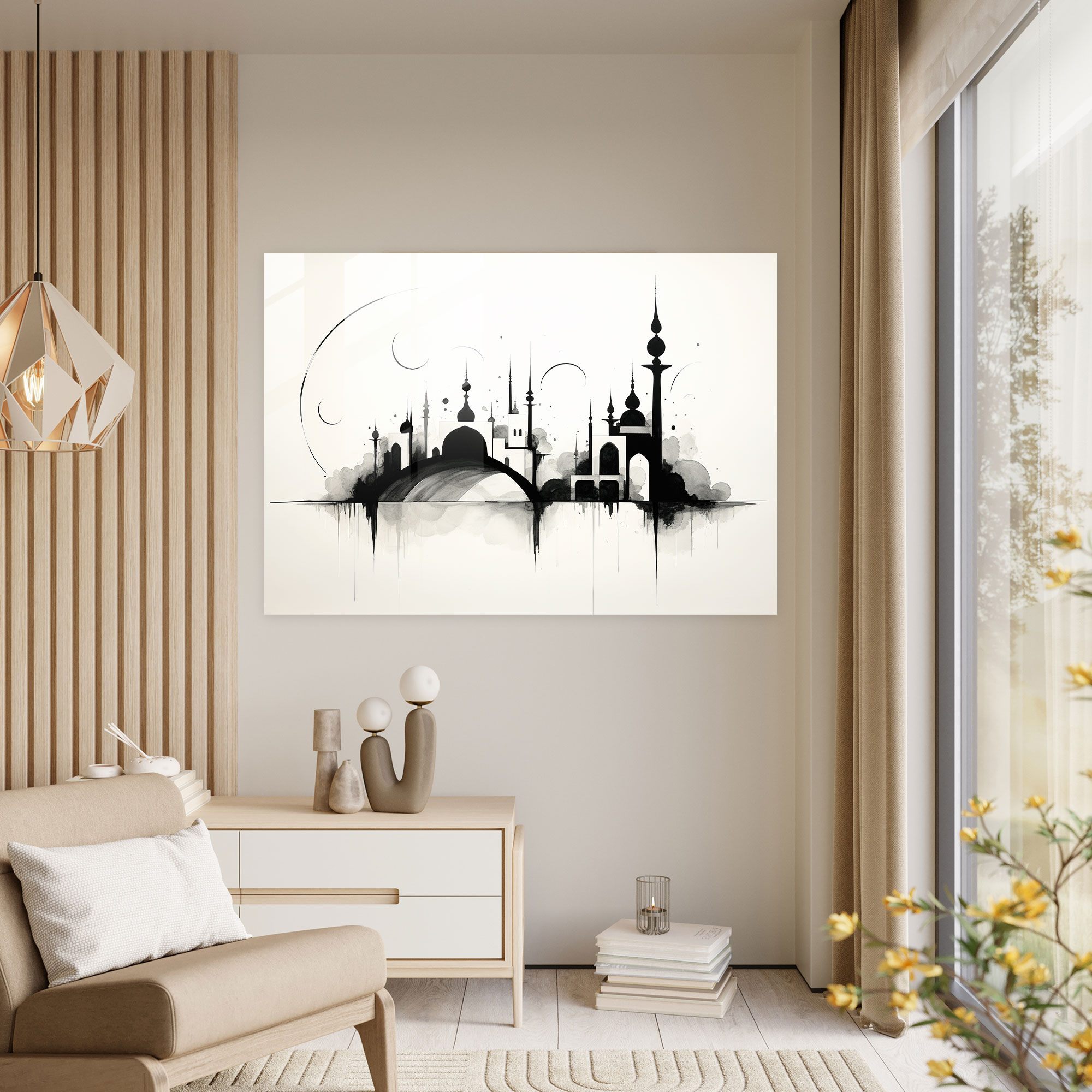 Cam Tablo ile Minimalist Cami Baskısı - Duvar Dekorasyonu Cami Cam Sanatı