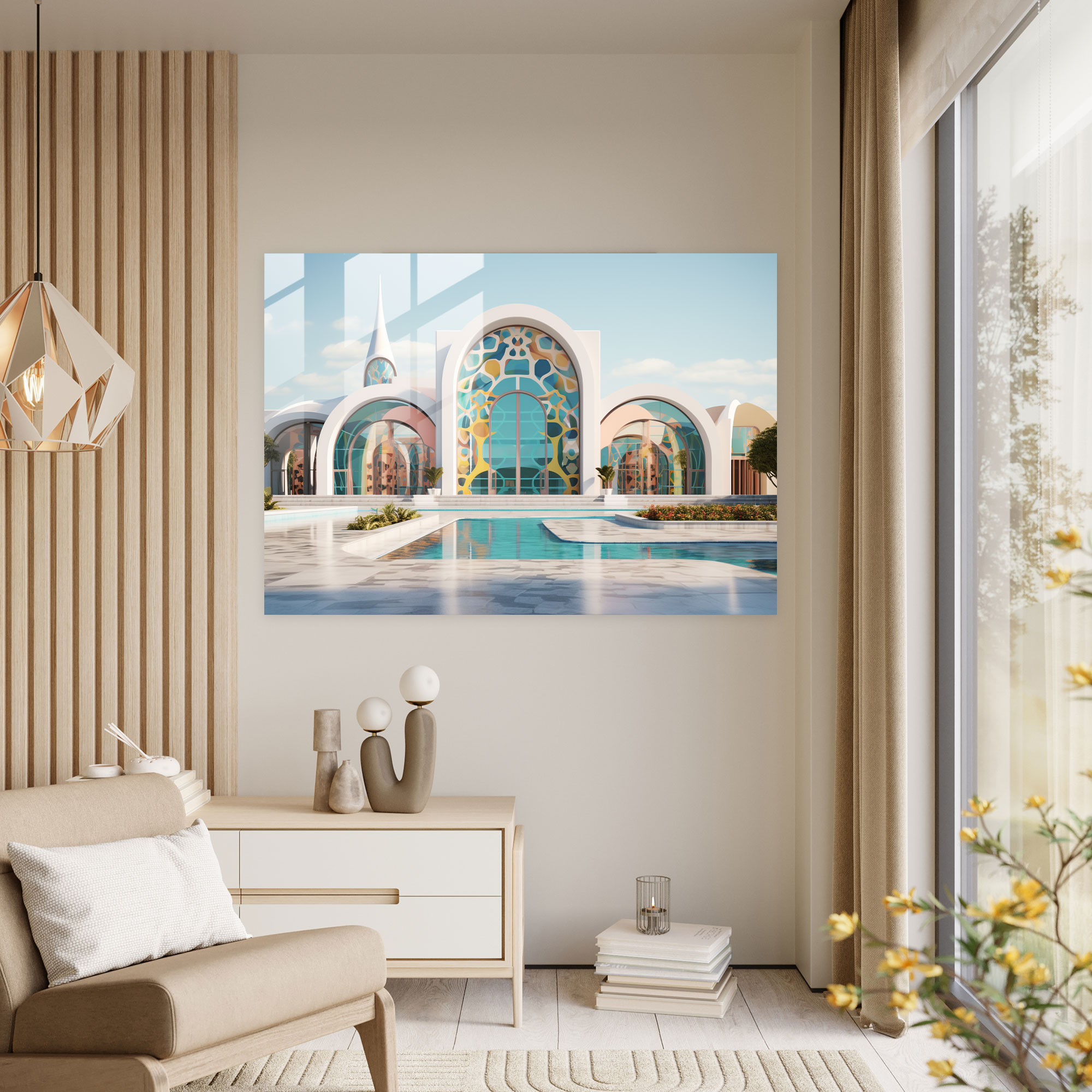 Geometrik Cam Baskılı Cami - Cami Cam Duvar Sanatı Modern Cam Baskı