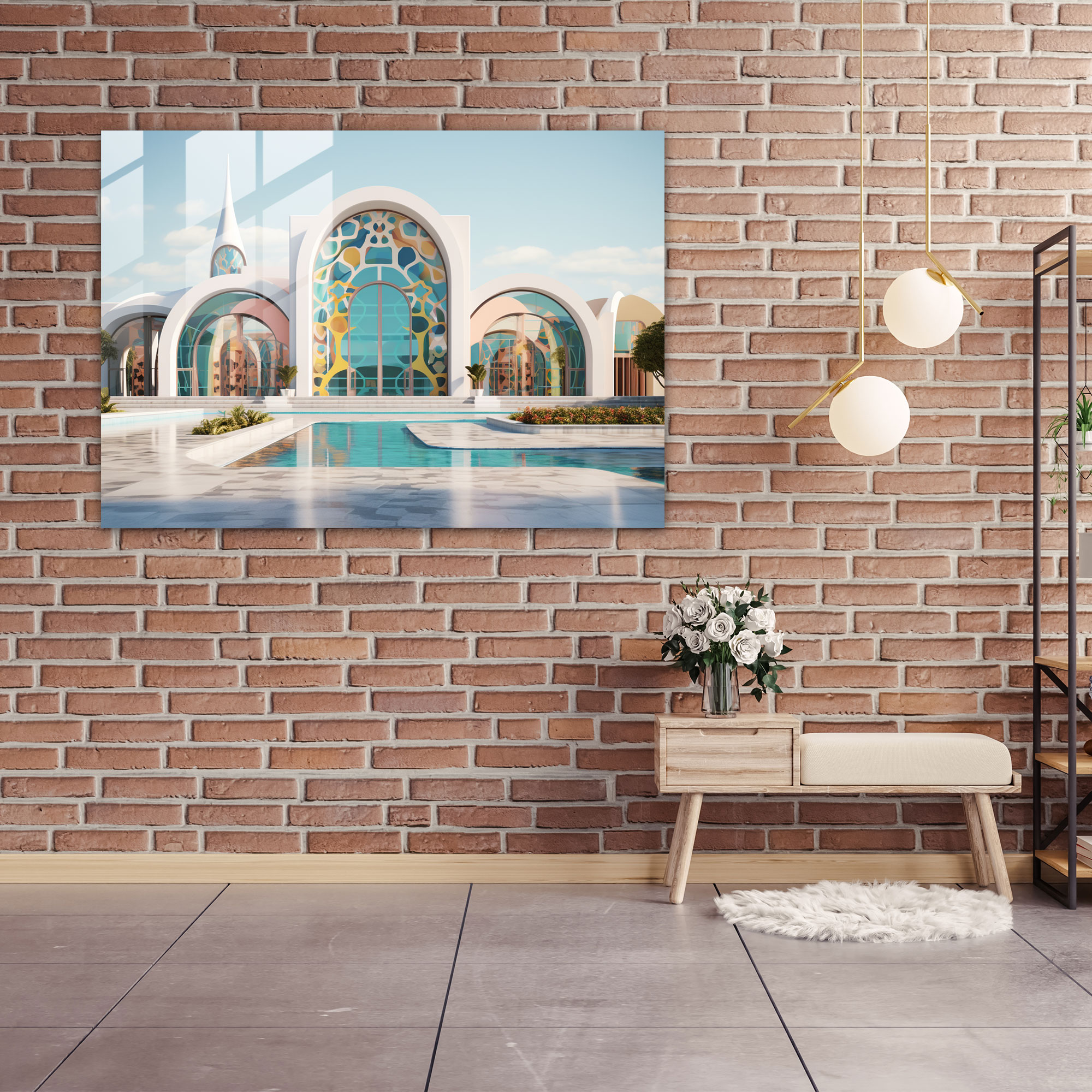 Geometrik Cam Baskılı Cami - Cami Cam Duvar Sanatı Modern Cam Baskı