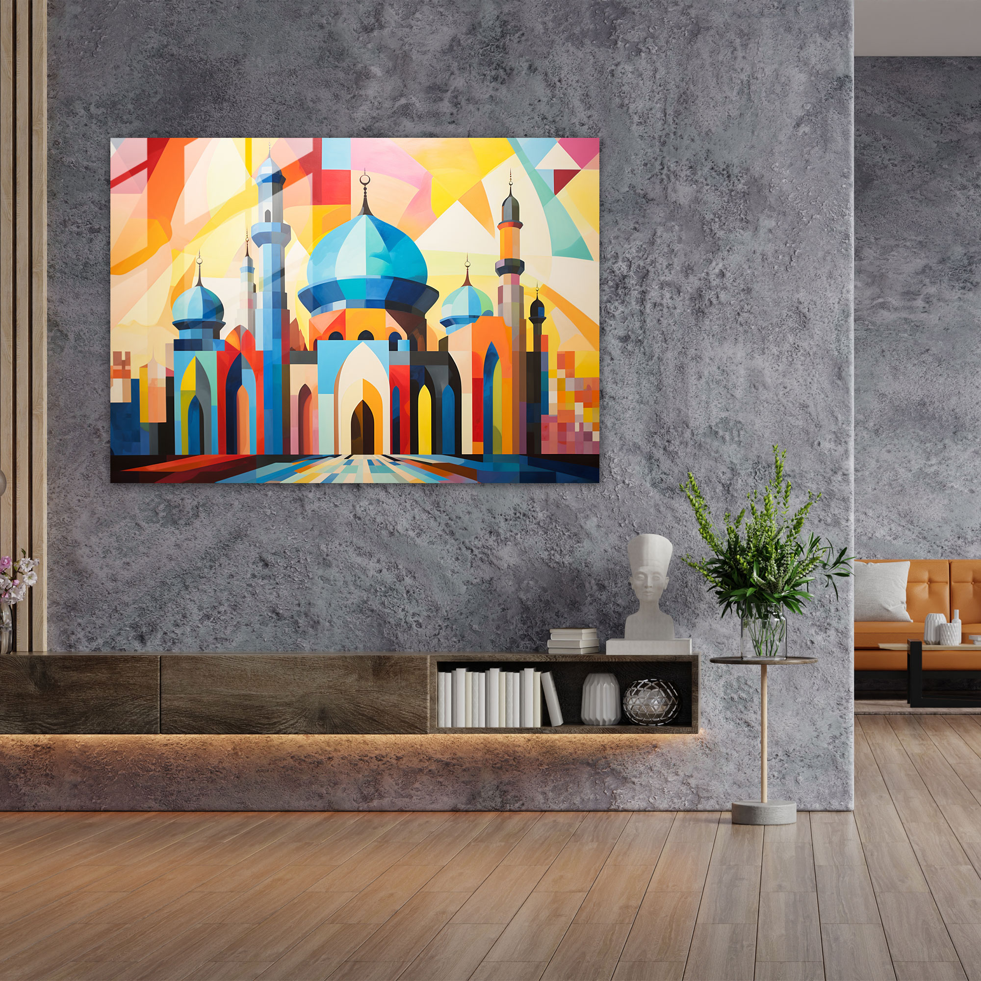Abstract Mosque Glass Print - Vibrant Geometric Patterns - Mosque, Modern Art, Contemporary Design, Abstract Representation