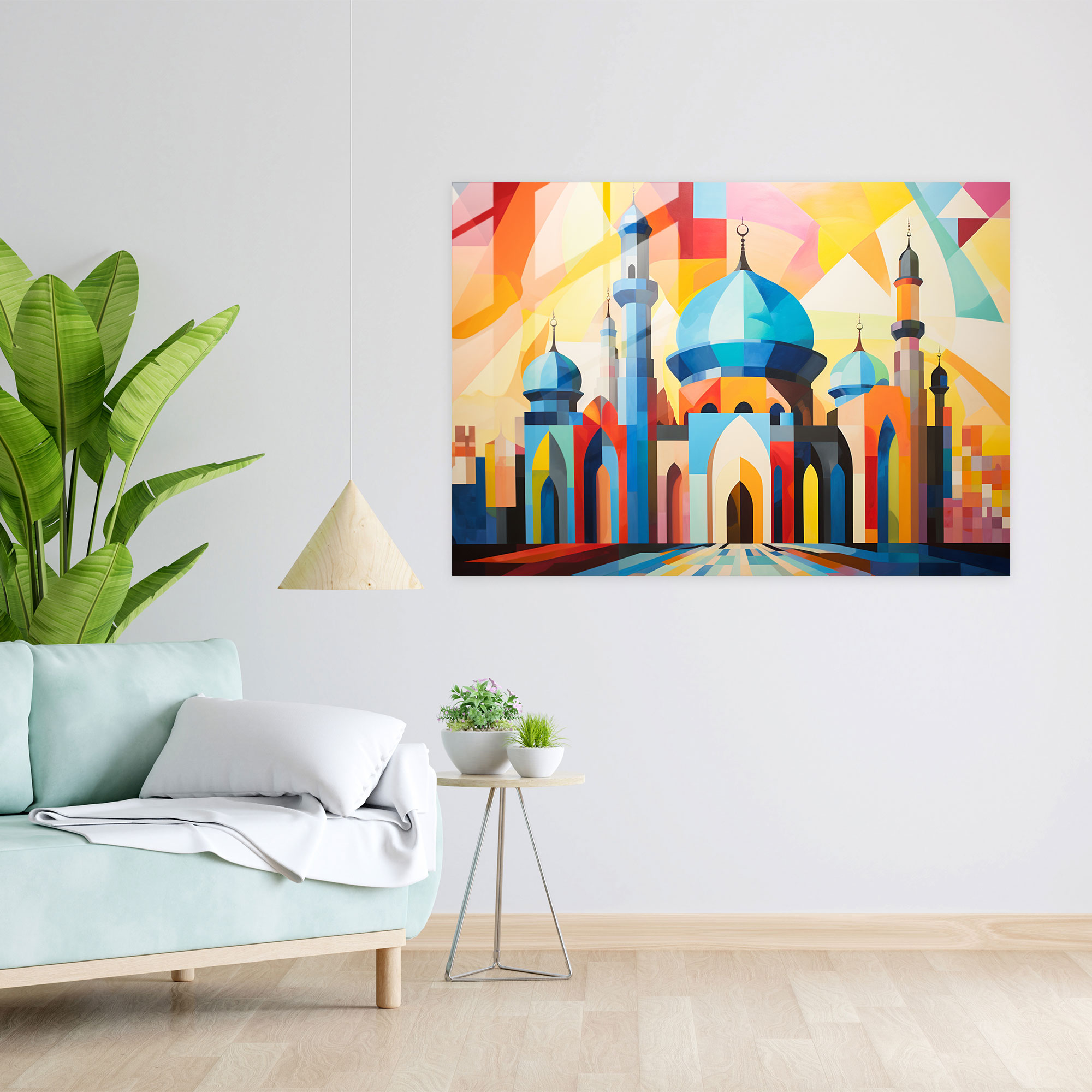 Abstract Mosque Glass Print - Vibrant Geometric Patterns - Mosque, Modern Art, Contemporary Design, Abstract Representation