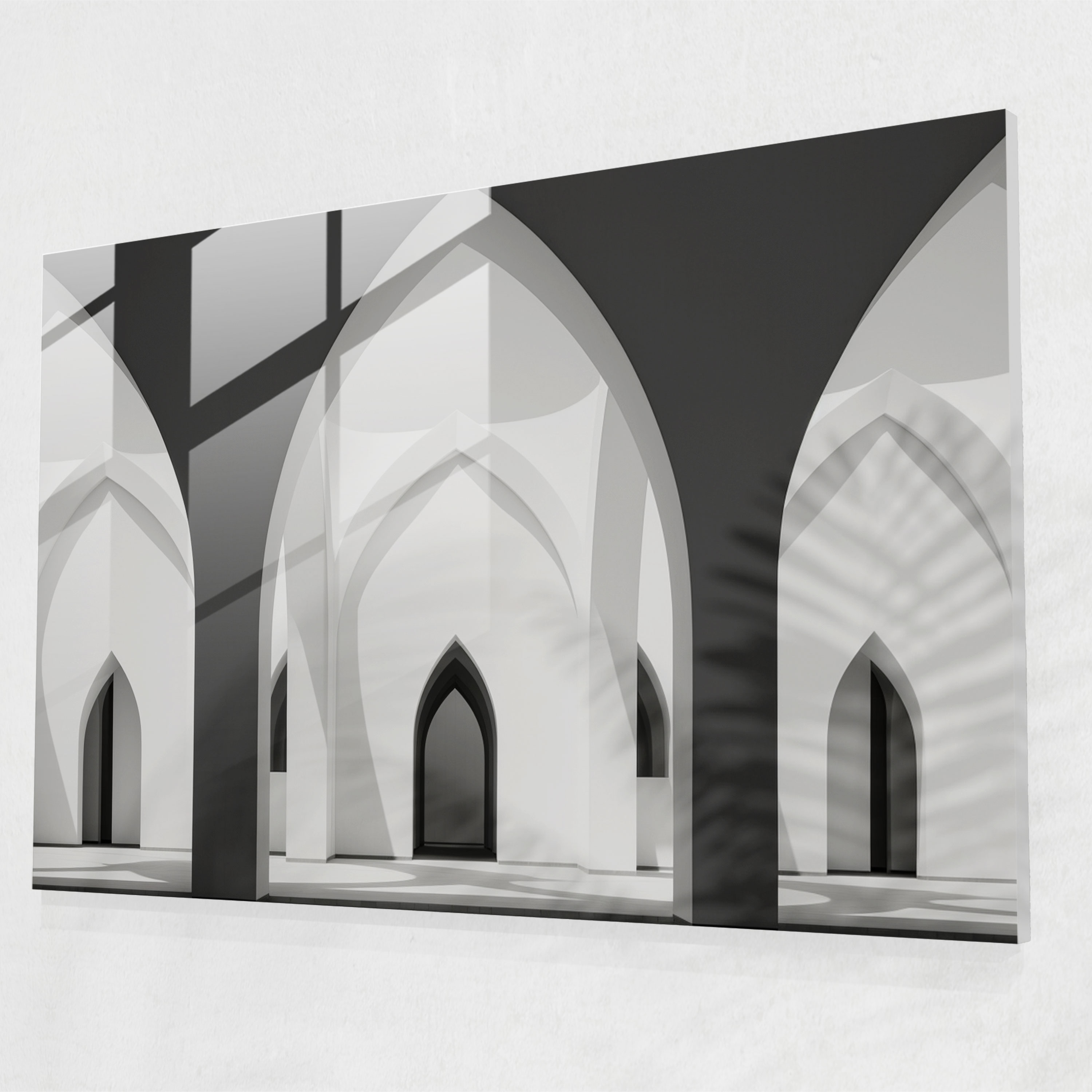 Black And White Mosque Glass Print - Symmetrical Elegance - Mosque, Symmetrical Elegance, Minimalist Design, Architectural Lines