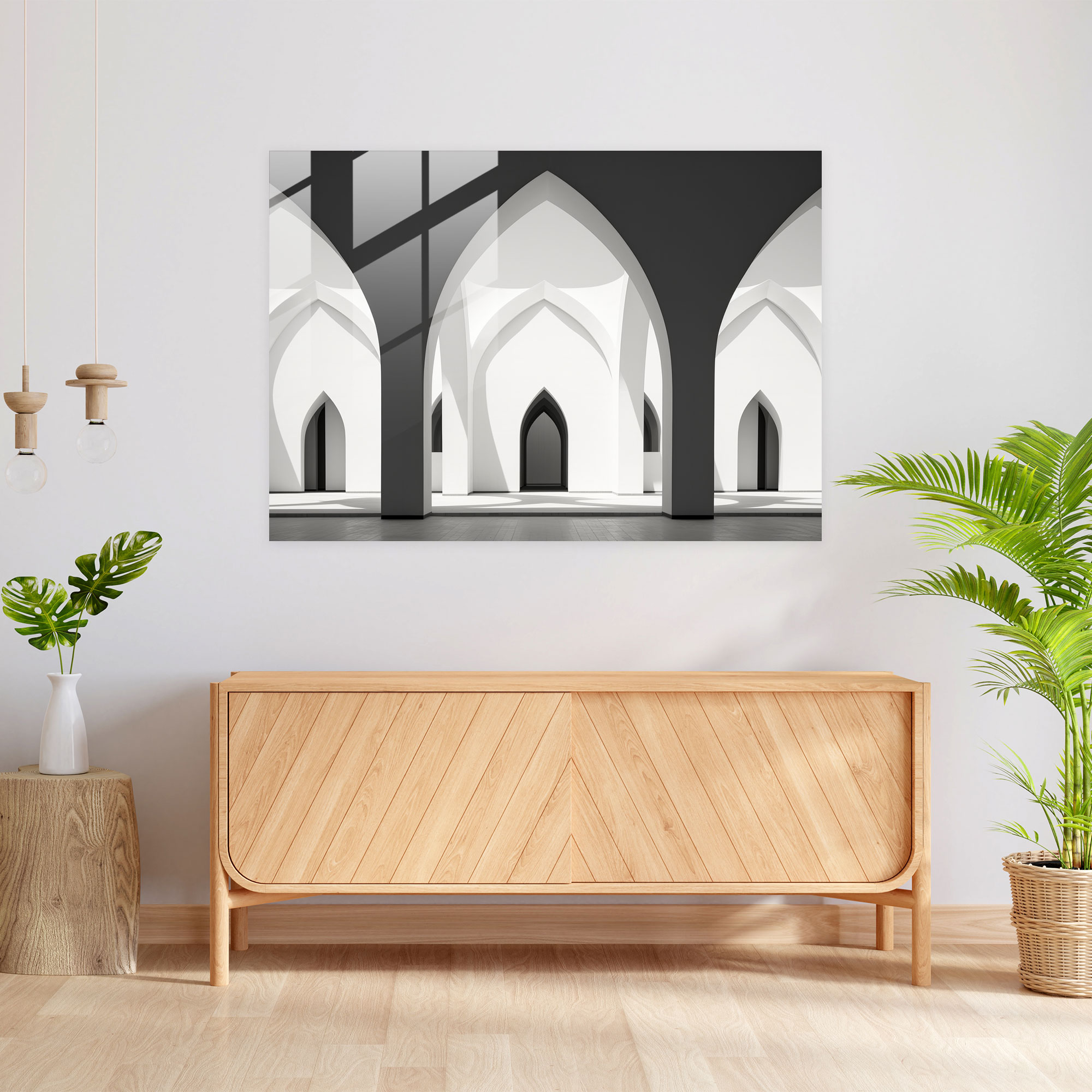 Black And White Mosque Glass Print - Symmetrical Elegance - Mosque, Symmetrical Elegance, Minimalist Design, Architectural Lines