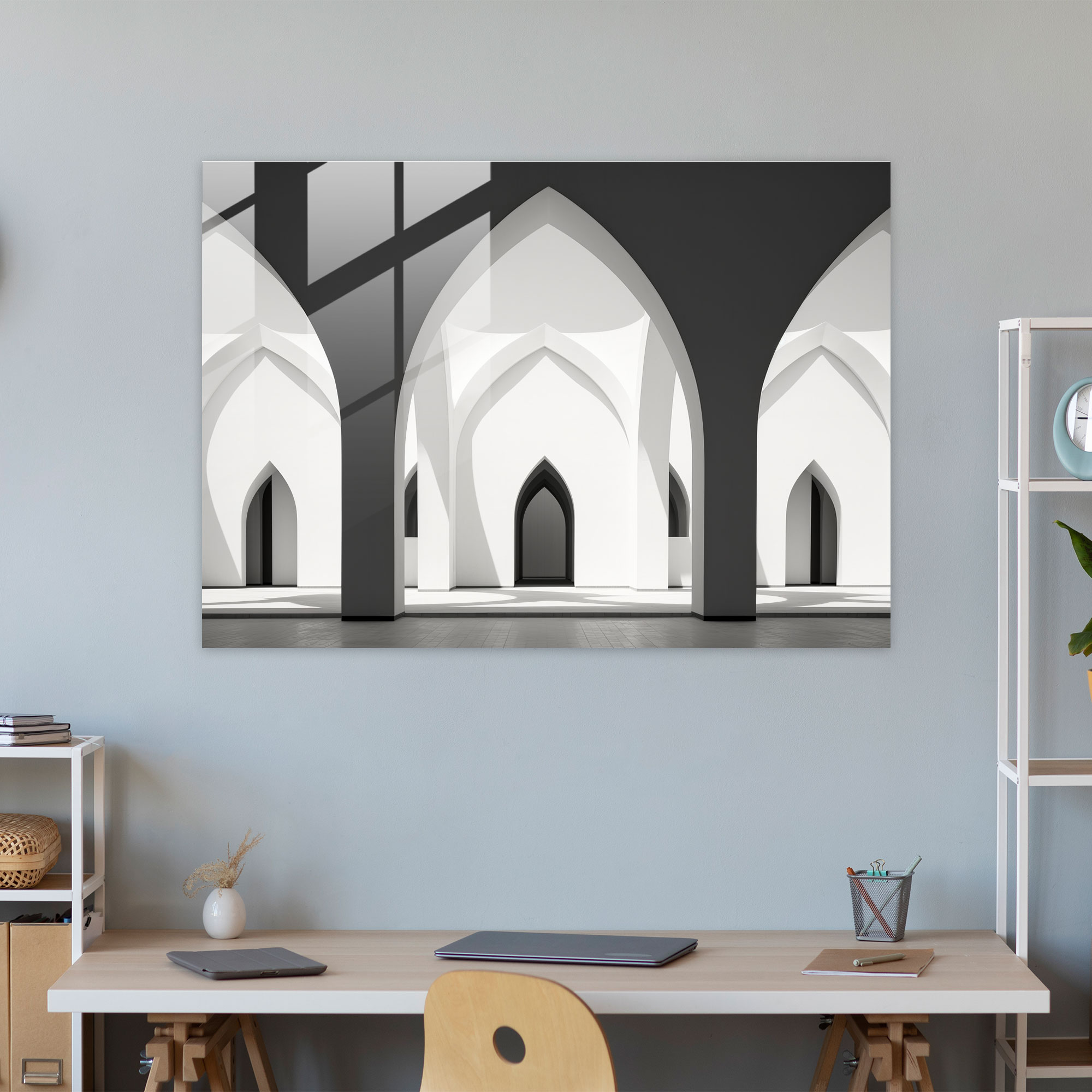 Black And White Mosque Glass Print - Symmetrical Elegance - Mosque, Symmetrical Elegance, Minimalist Design, Architectural Lines