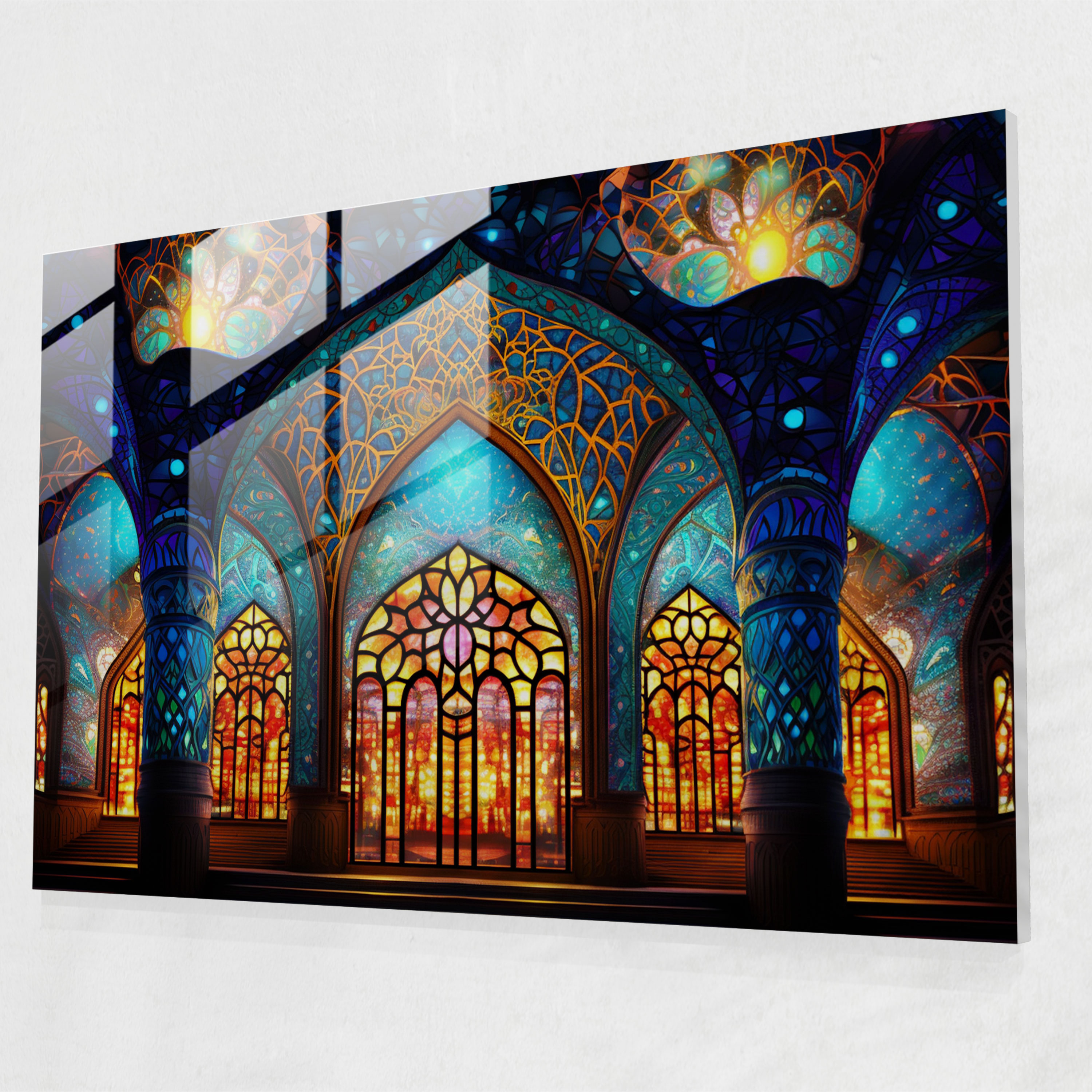 Mosaic Mosque Glass Print - Vibrant Kaleidoscope - Mosque, Kaleidoscopic Mosaic, Modern Art, Vibrant Colors