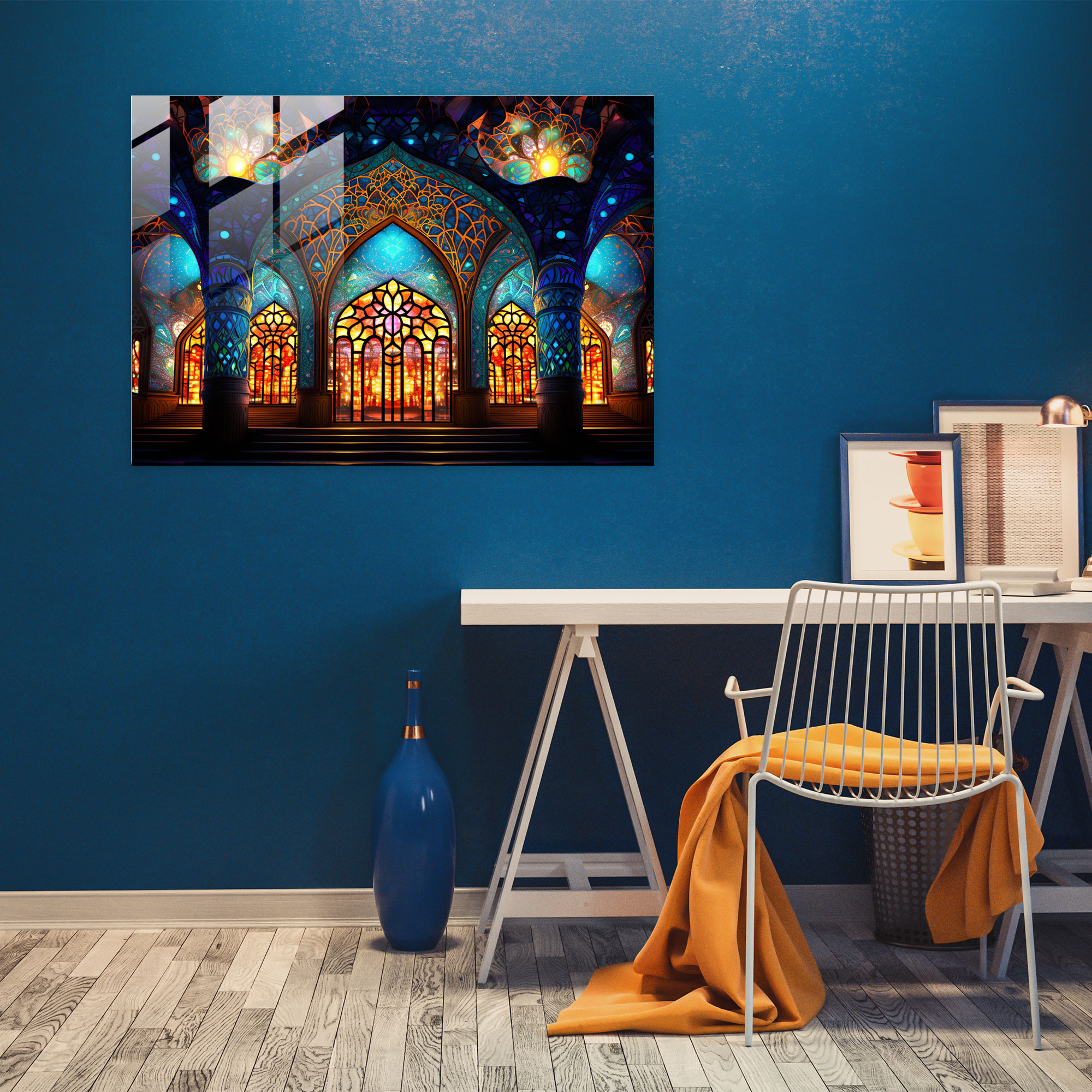 Mosaic Mosque Glass Print - Vibrant Kaleidoscope - Mosque, Kaleidoscopic Mosaic, Modern Art, Vibrant Colors