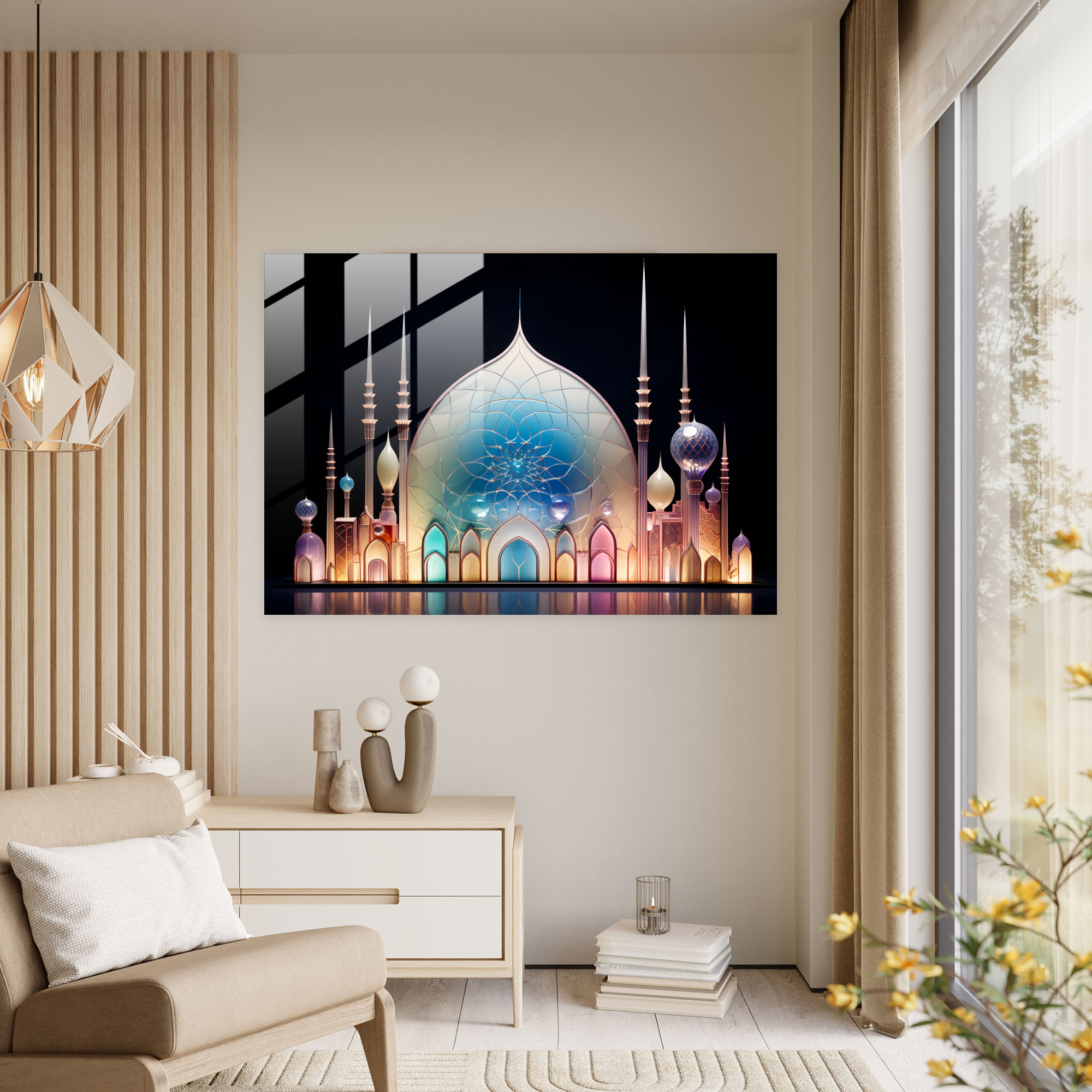 Pastel Renklerde Cam Sanatı ile Cami Temalı Duvar Sanatı - Modern Sanat