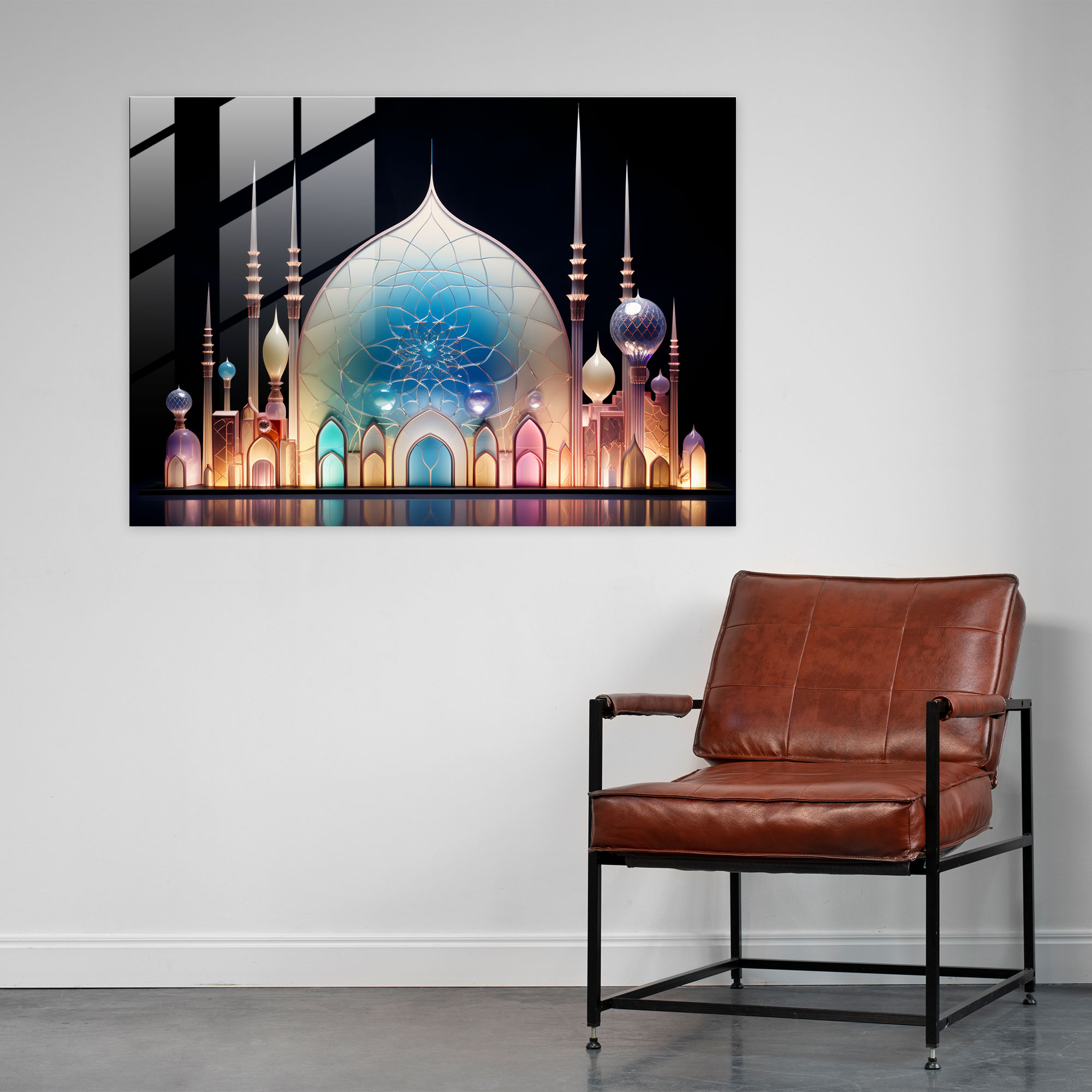 Pastel Renklerde Cam Sanatı ile Cami Temalı Duvar Sanatı - Modern Sanat