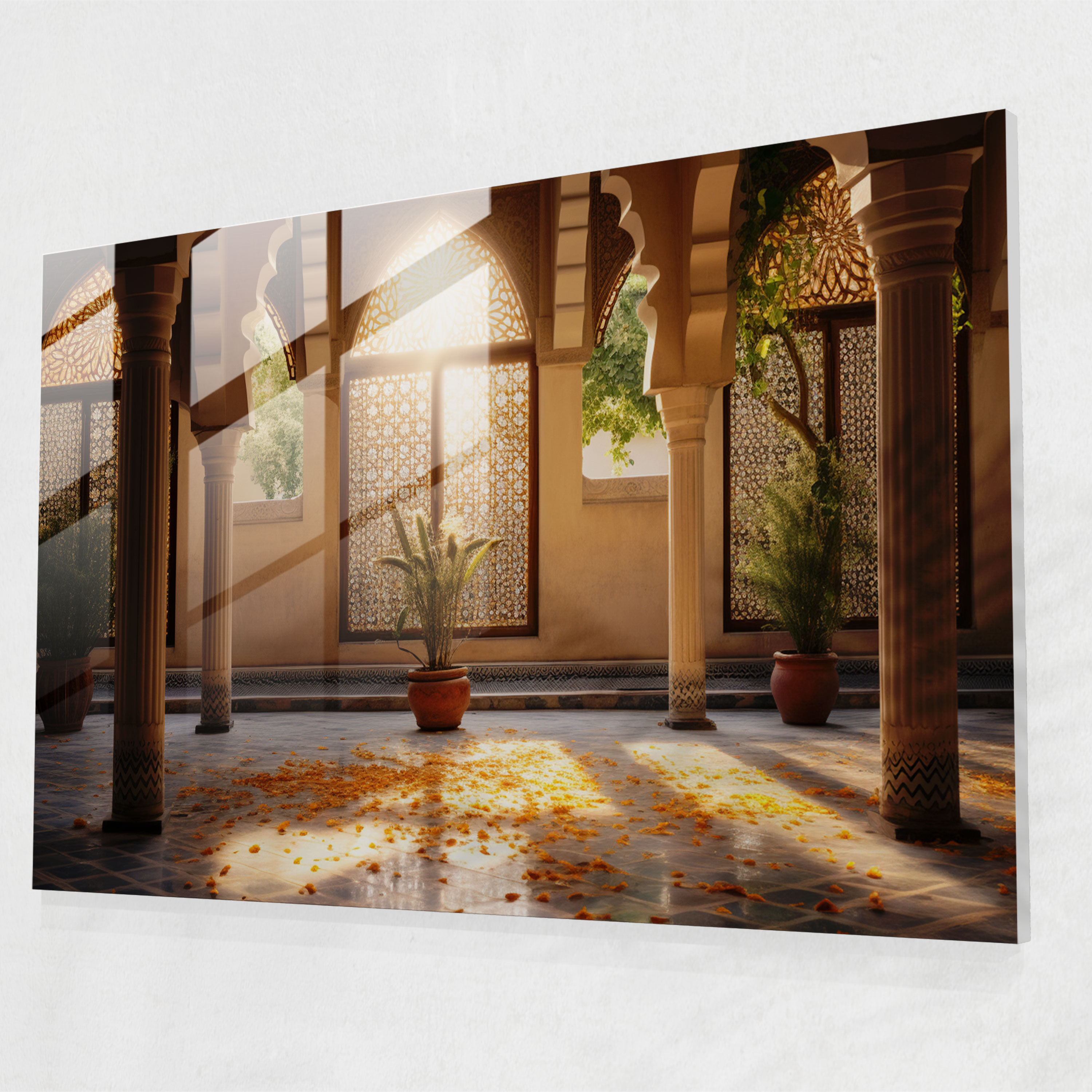 Avlu Cam Duvar Süslemesi Cami - Modern Sanat Kemerli Koridorlar Huzurlu Atmosfer