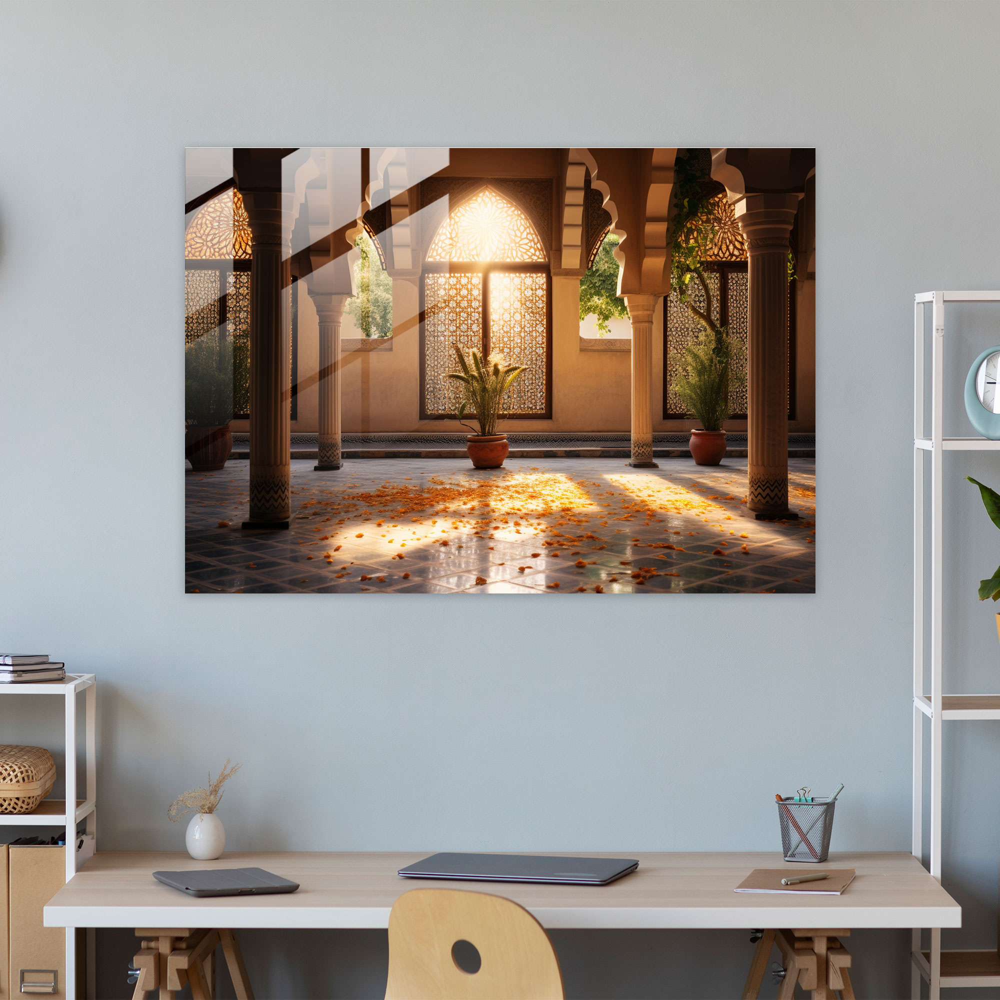 Avlu Cam Duvar Süslemesi Cami - Modern Sanat Kemerli Koridorlar Huzurlu Atmosfer