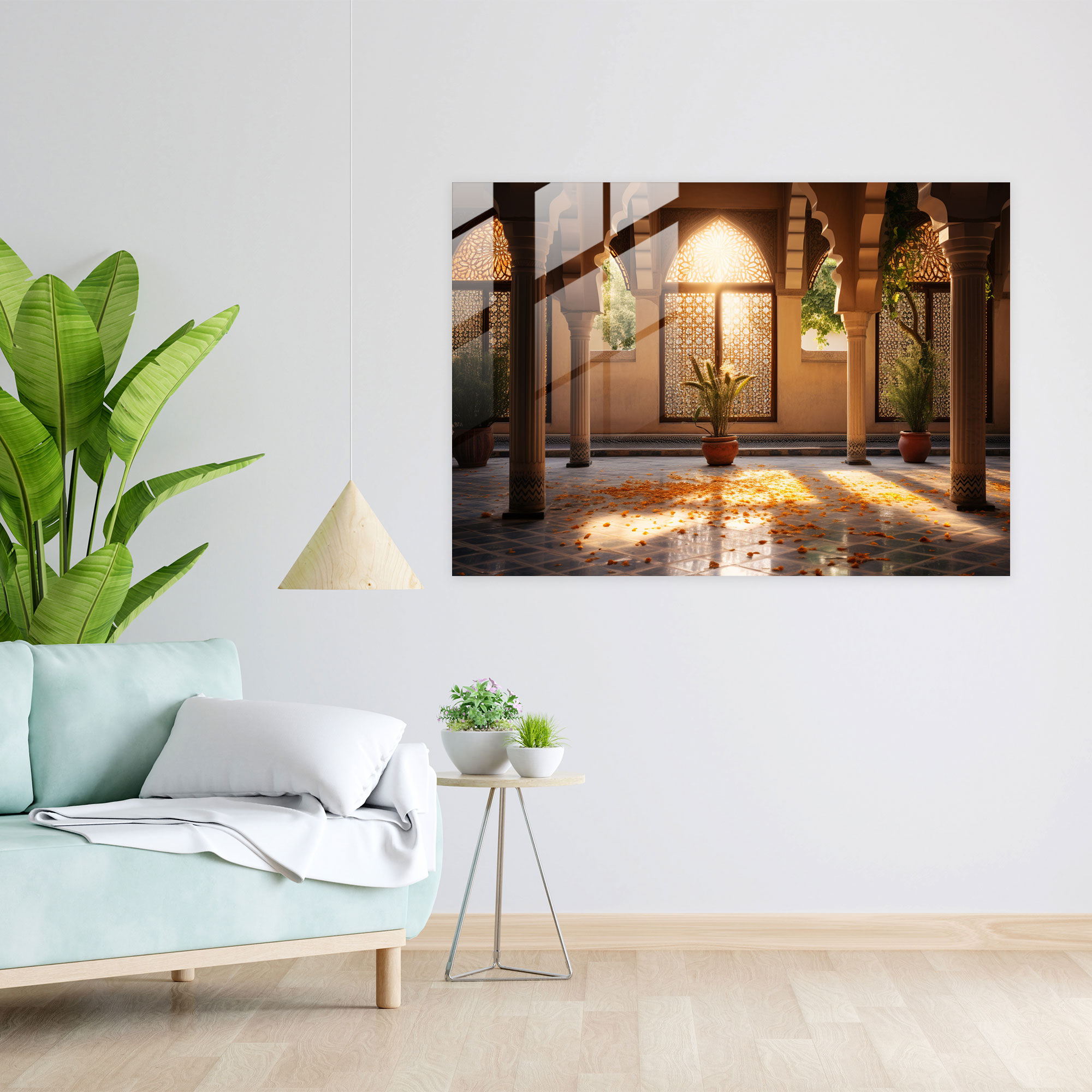 Avlu Cam Duvar Süslemesi Cami - Modern Sanat Kemerli Koridorlar Huzurlu Atmosfer