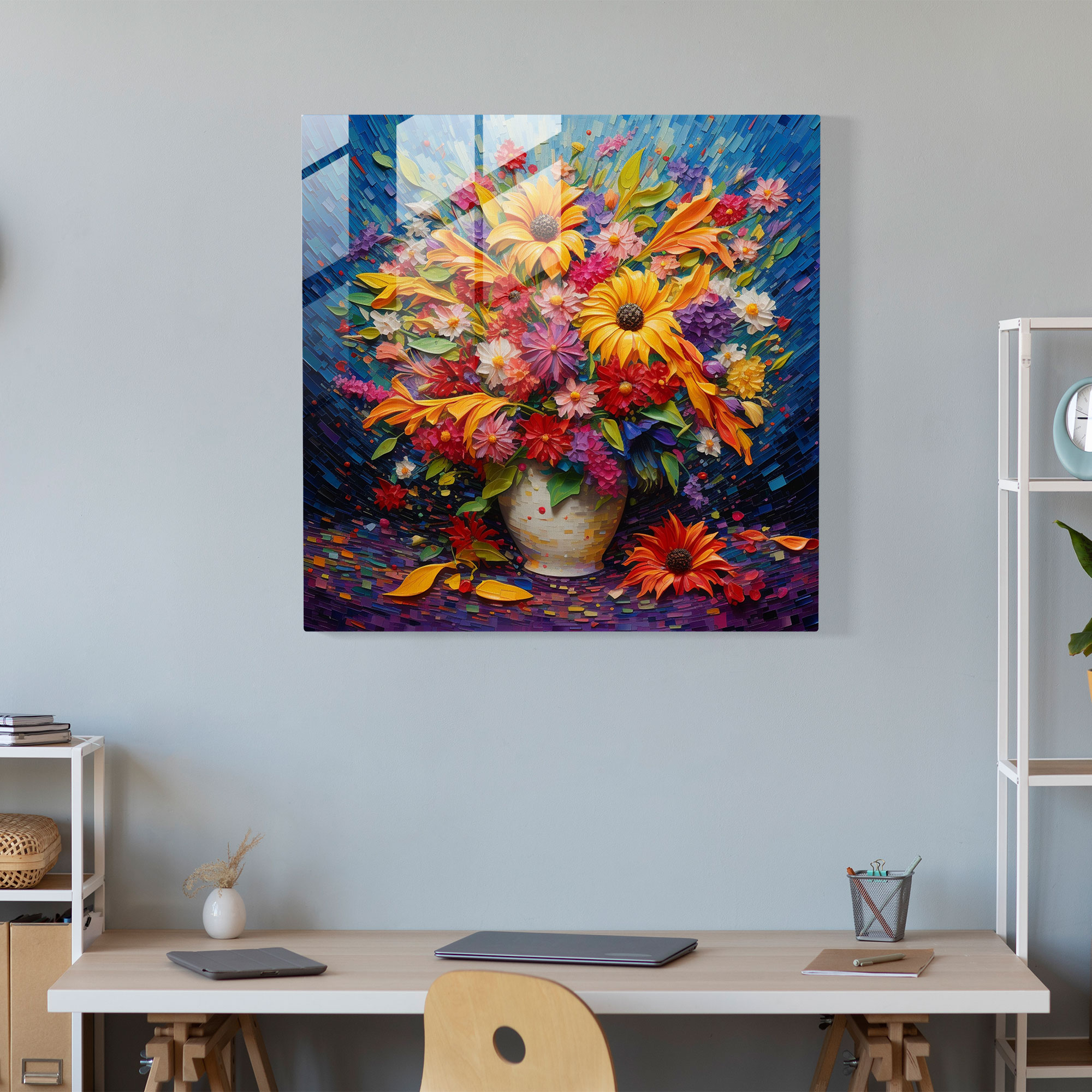 Colorful Glass Print in Pointillist Style: Vibrant Floral Burst