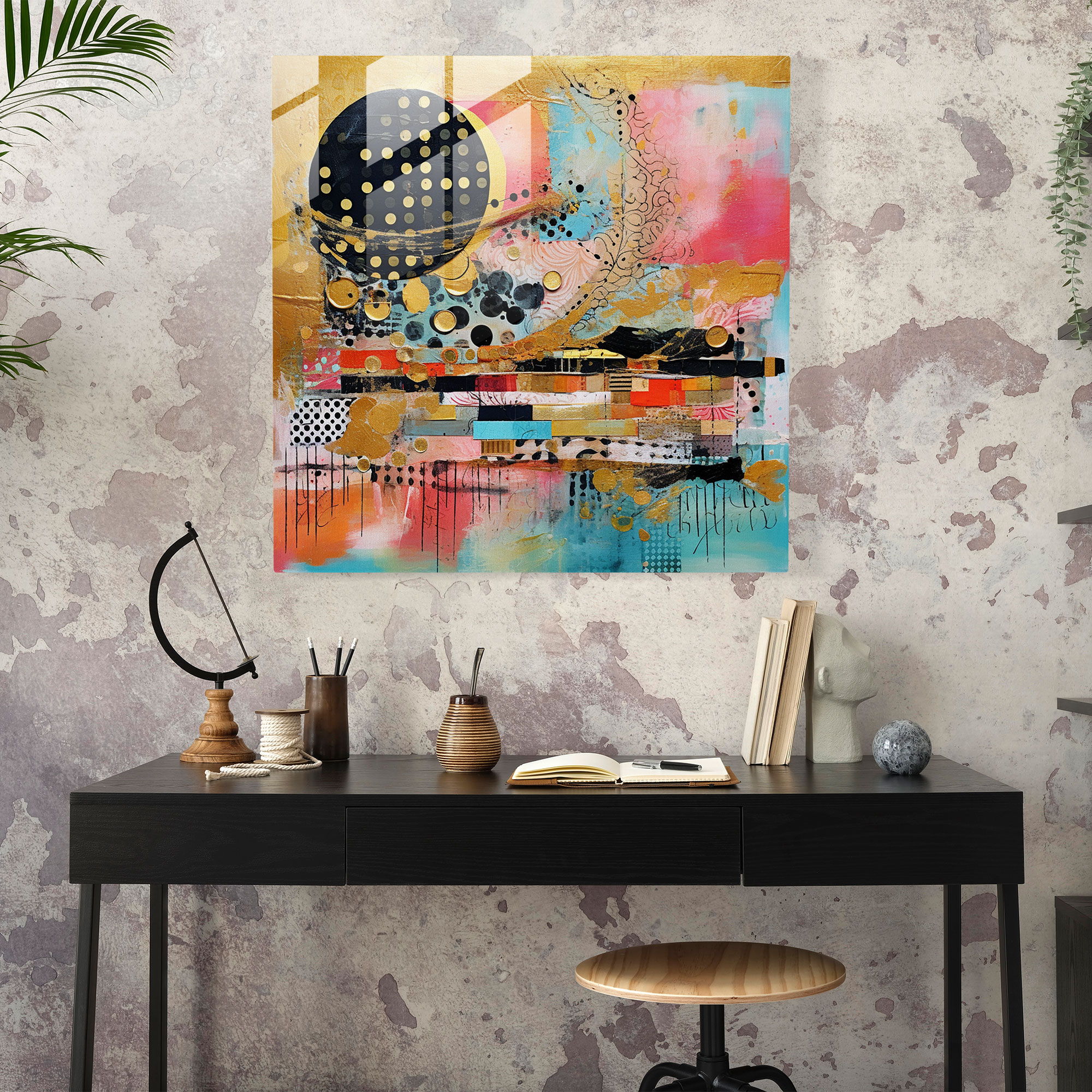 Artistic Curiosity Glass Wall Art: Abstract Mixed Media Fusion