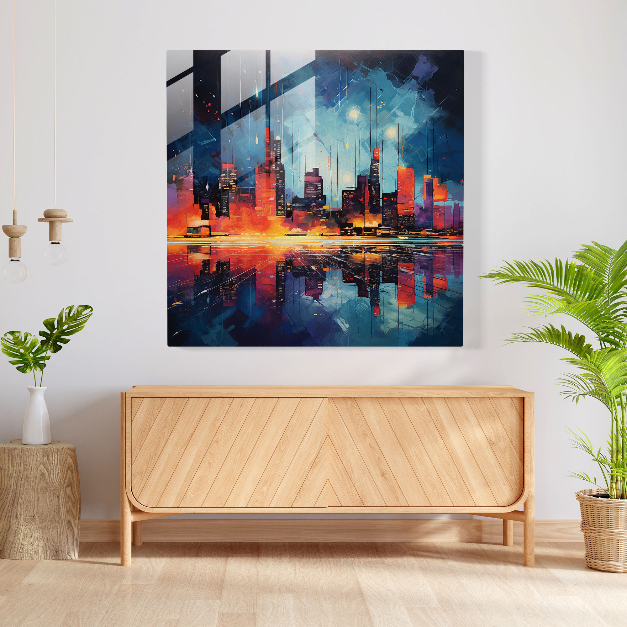 Ethereal Articulated Glass Print: Abstract Oil Painting of Vibrant City Skyline at Night with Surrealistic Elements - Glass Wall Art, Home Decoration, Wall Decor, Glass Art, Modern Artwork