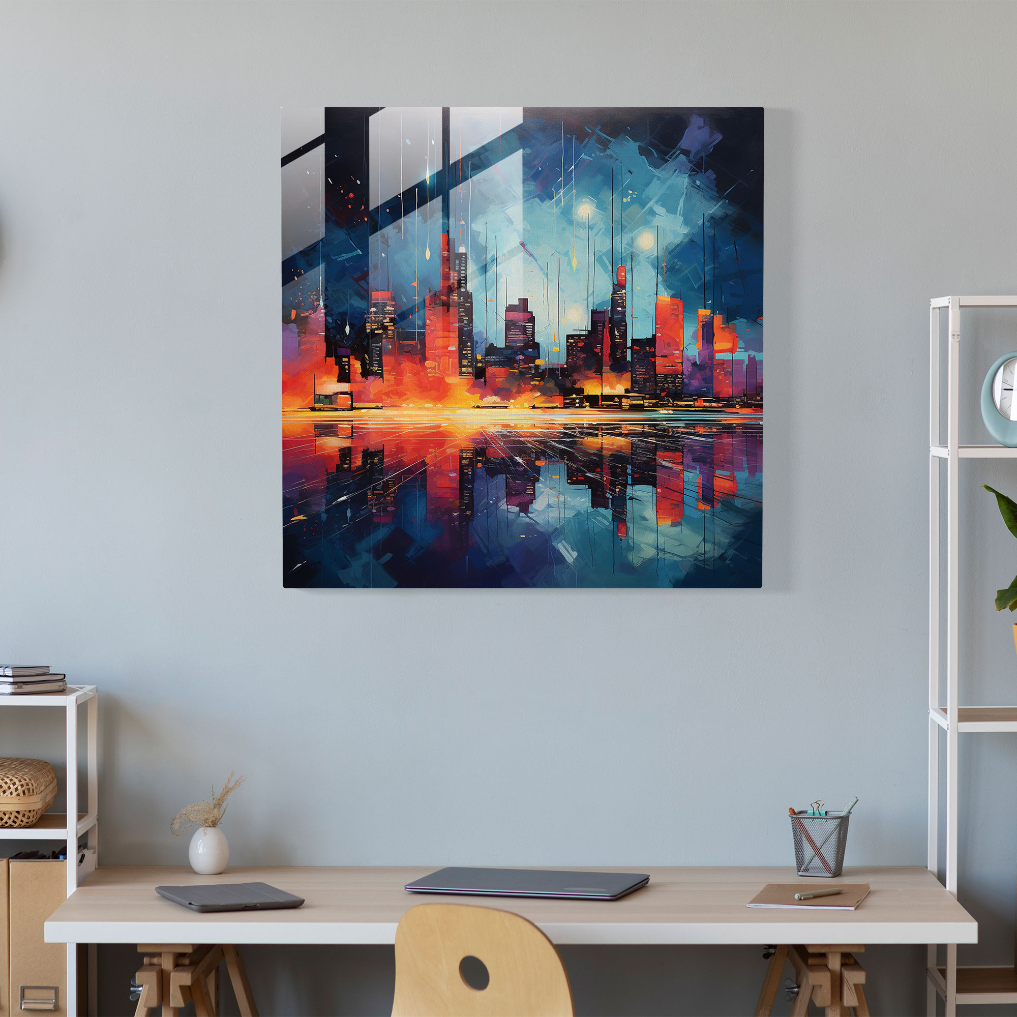 Ethereal Articulated Glass Print: Abstract Oil Painting of Vibrant City Skyline at Night with Surrealistic Elements - Glass Wall Art, Home Decoration, Wall Decor, Glass Art, Modern Artwork