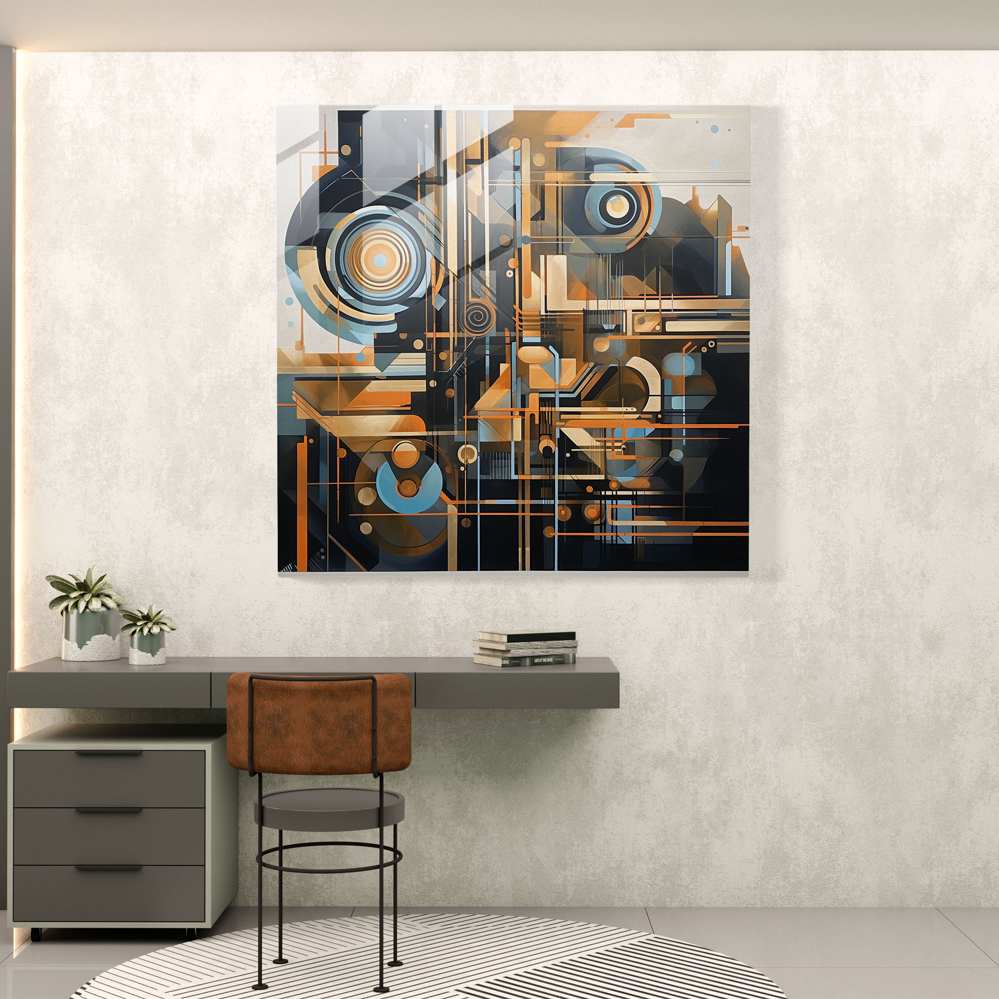 Zukunftsweisendes Glasbild - Abstraktes metallisches geometrisches Glaswandkunstwerk