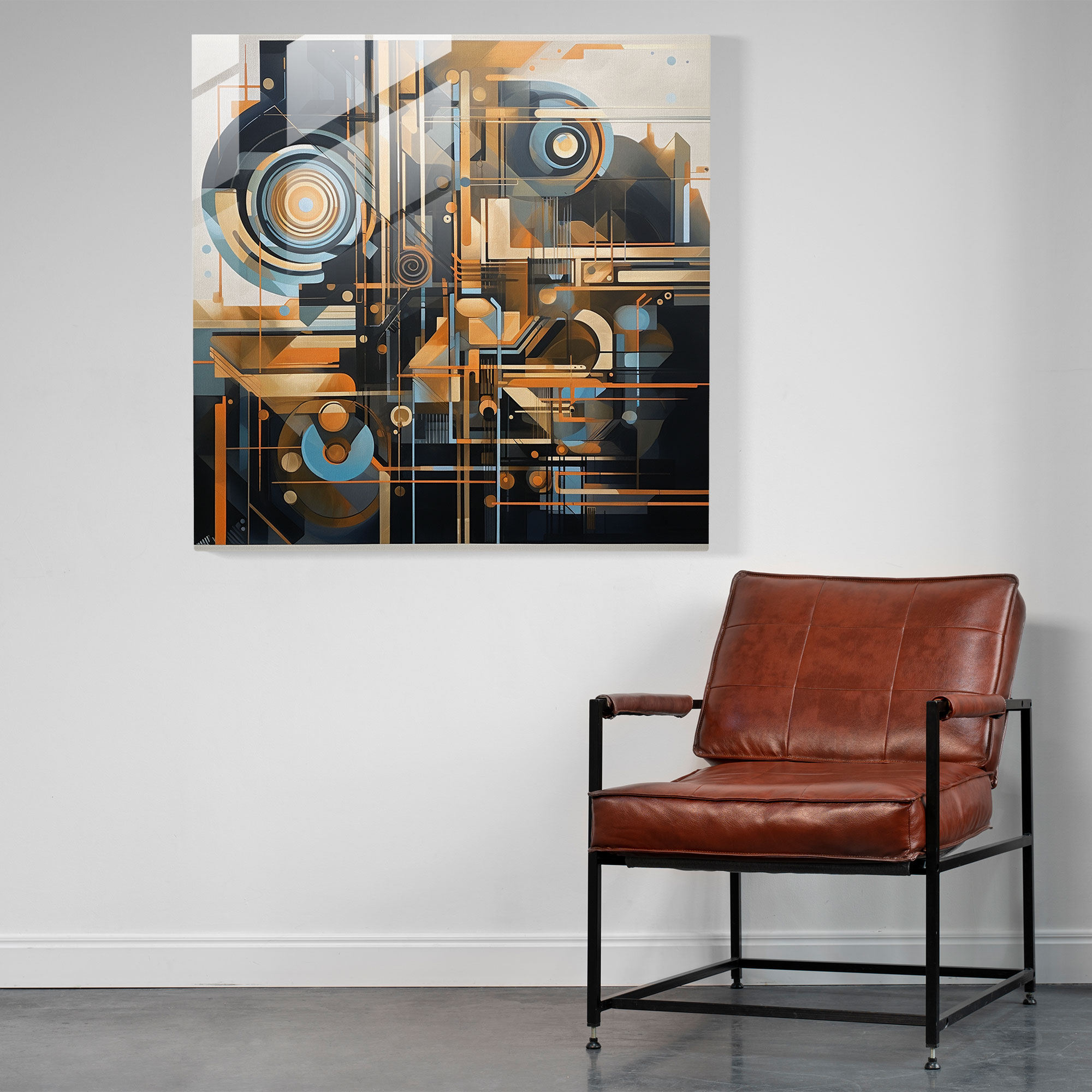 Zukunftsweisendes Glasbild - Abstraktes metallisches geometrisches Glaswandkunstwerk
