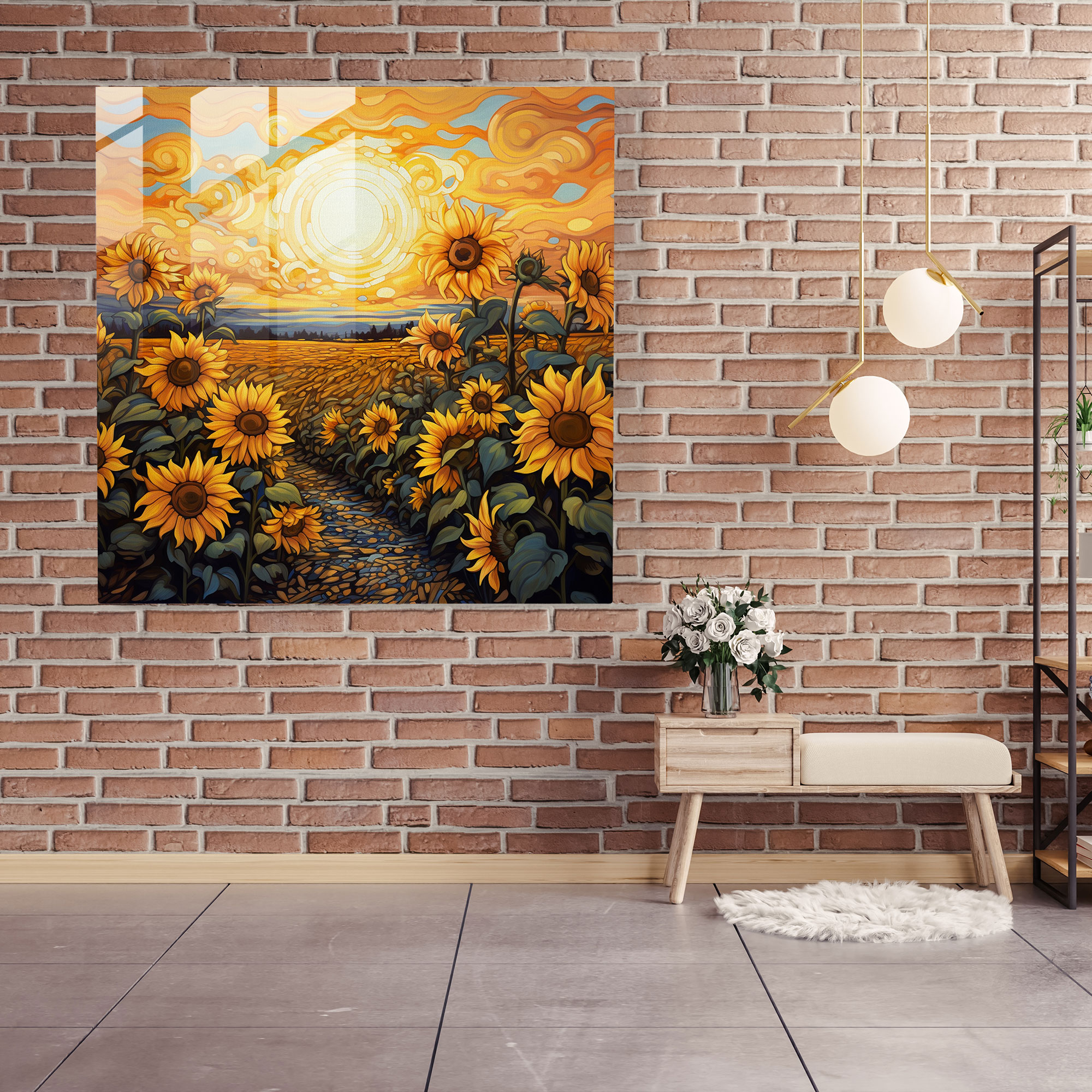 Tranquil Serenade Glass Print - Nature-Inspired Sunflower Field Glass Wall Art
