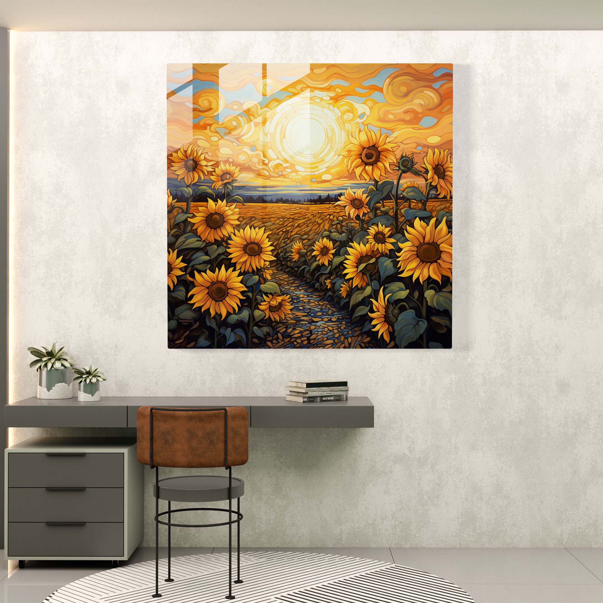 Tranquil Serenade Glass Print - Nature-Inspired Sunflower Field Glass Wall Art