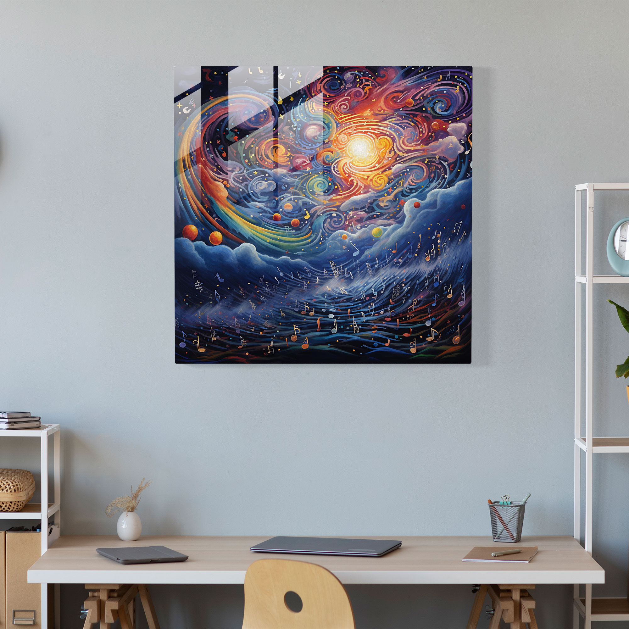 Symphonic Stardust Glass Print - Vibrant Musical Notes Celestial Dreamscape Glass Wall Art Home Decoration